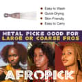 Afropick Metal Black Hair Pick for Natural Curly Long Thick Hair Afro Pick Comb - Thumbnail 3