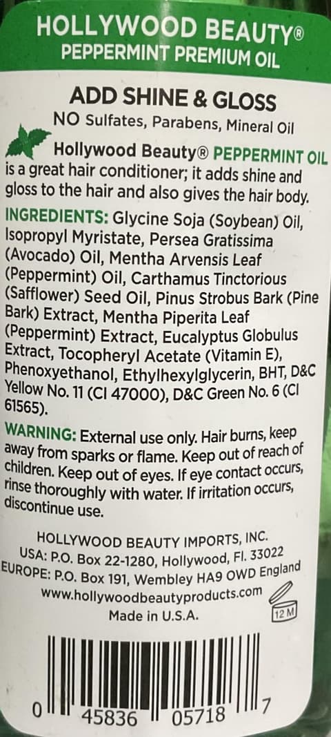 Hollywood Beauty Peppermint Hair Oil Bottle Conditions Both Hair and Skin