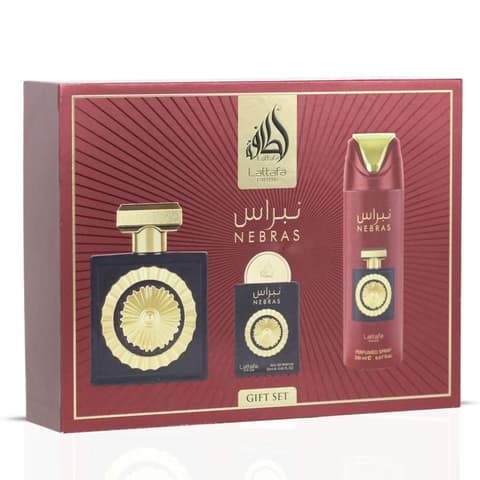 LATTAFA PRIDE NEBRAS(M)(H/B)3PC SET(3.4oz edp sp,6.67oz Perfumed B/S,20ml edp sp)with Atomizer