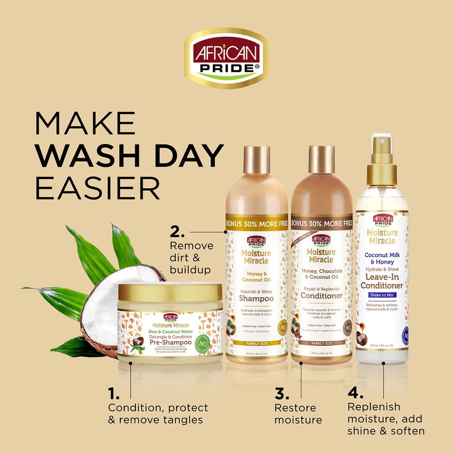 African Pride Moisture Miracle for Natural Coils Curls Nourishes Shines Sulfate