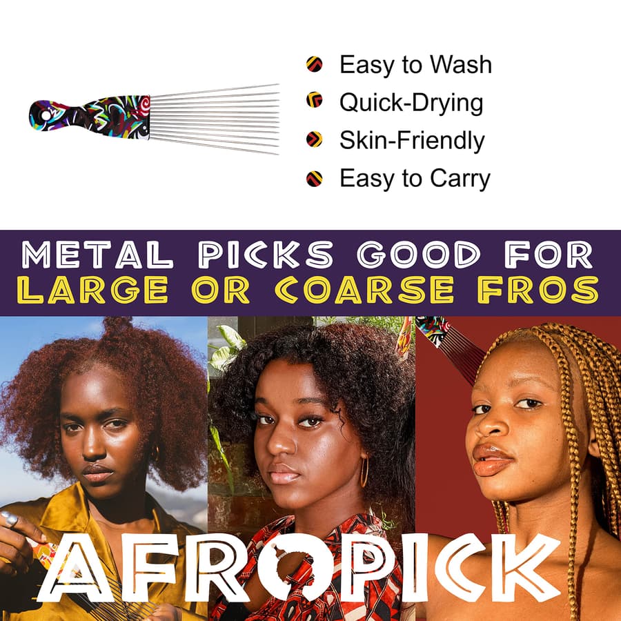 Afropick Metal Black Hair Pick for Natural Curly Long Thick Hair Afro Pick Comb
