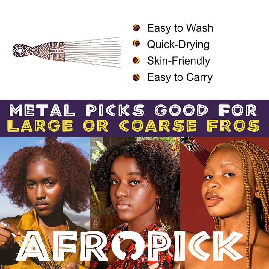 Afropick Metal Black Hair Pick for Natural Curly Long Thick Hair Afro Pick Comb