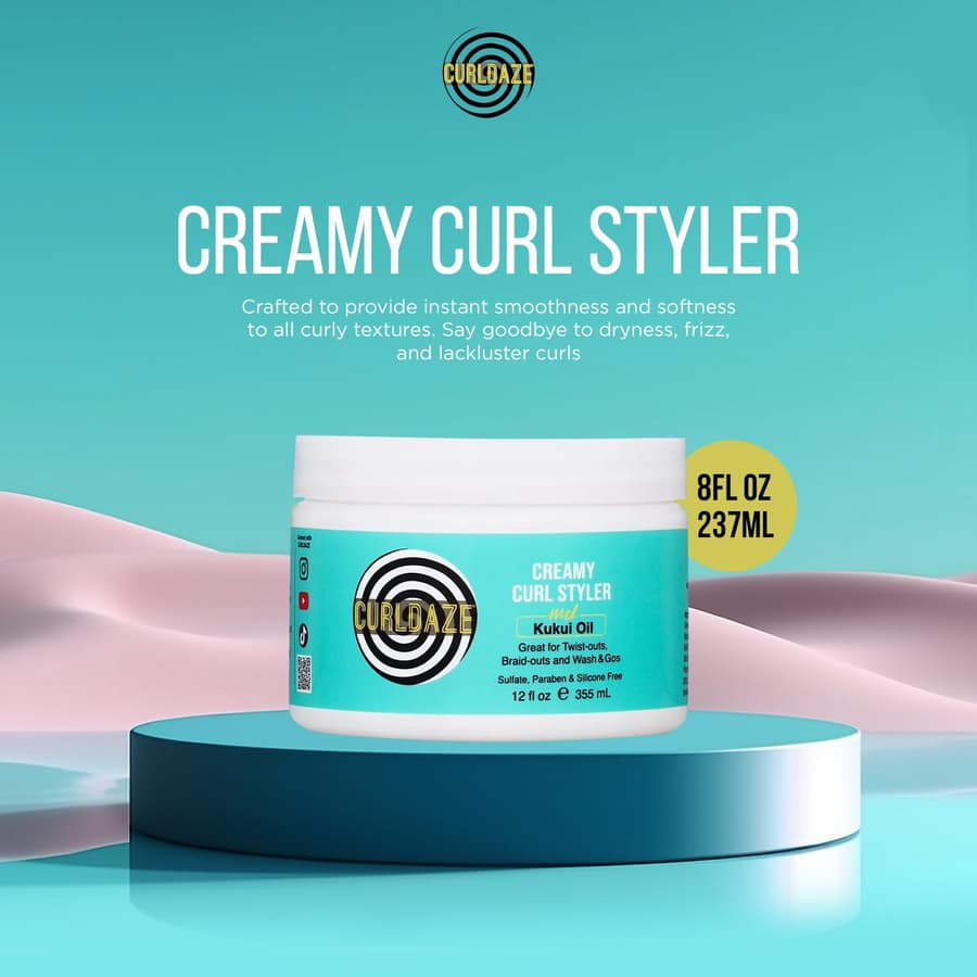 Curldaze Creamy Curl Styler With Kukui Oil Vitamins A C and E. Moisturizing and