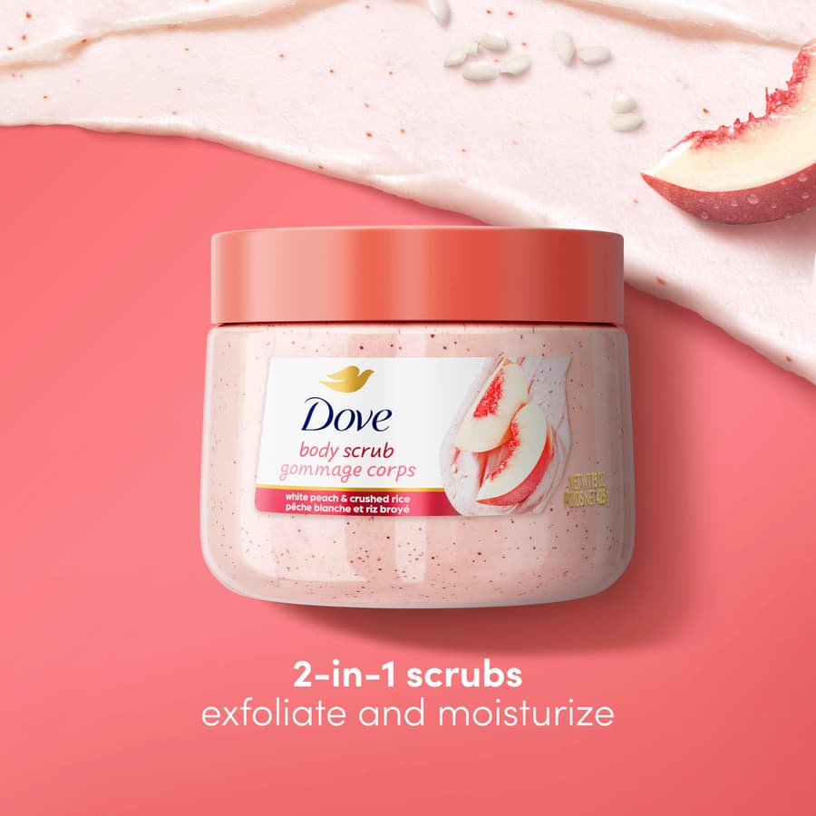 Dove White Peach Crushed Rice Body Scrub Exfoliates and Deeply Nourishes for