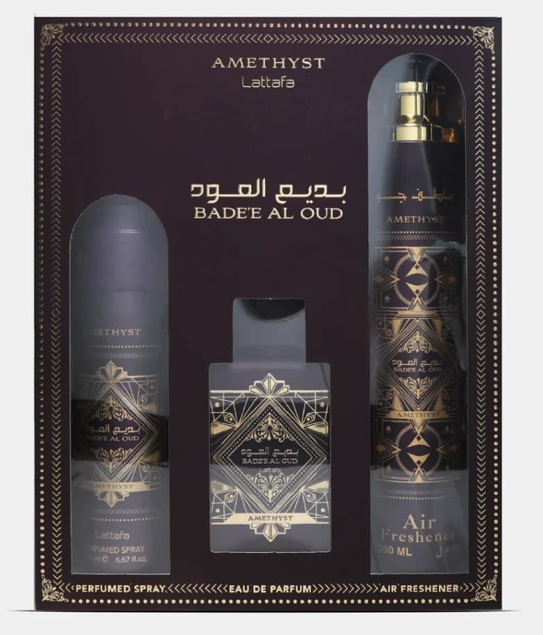 [Set] Lattafa Badee Al Oud Amethyst 3.4 L+ 6.8 Deo + 10.0 Air Freshener United Arab