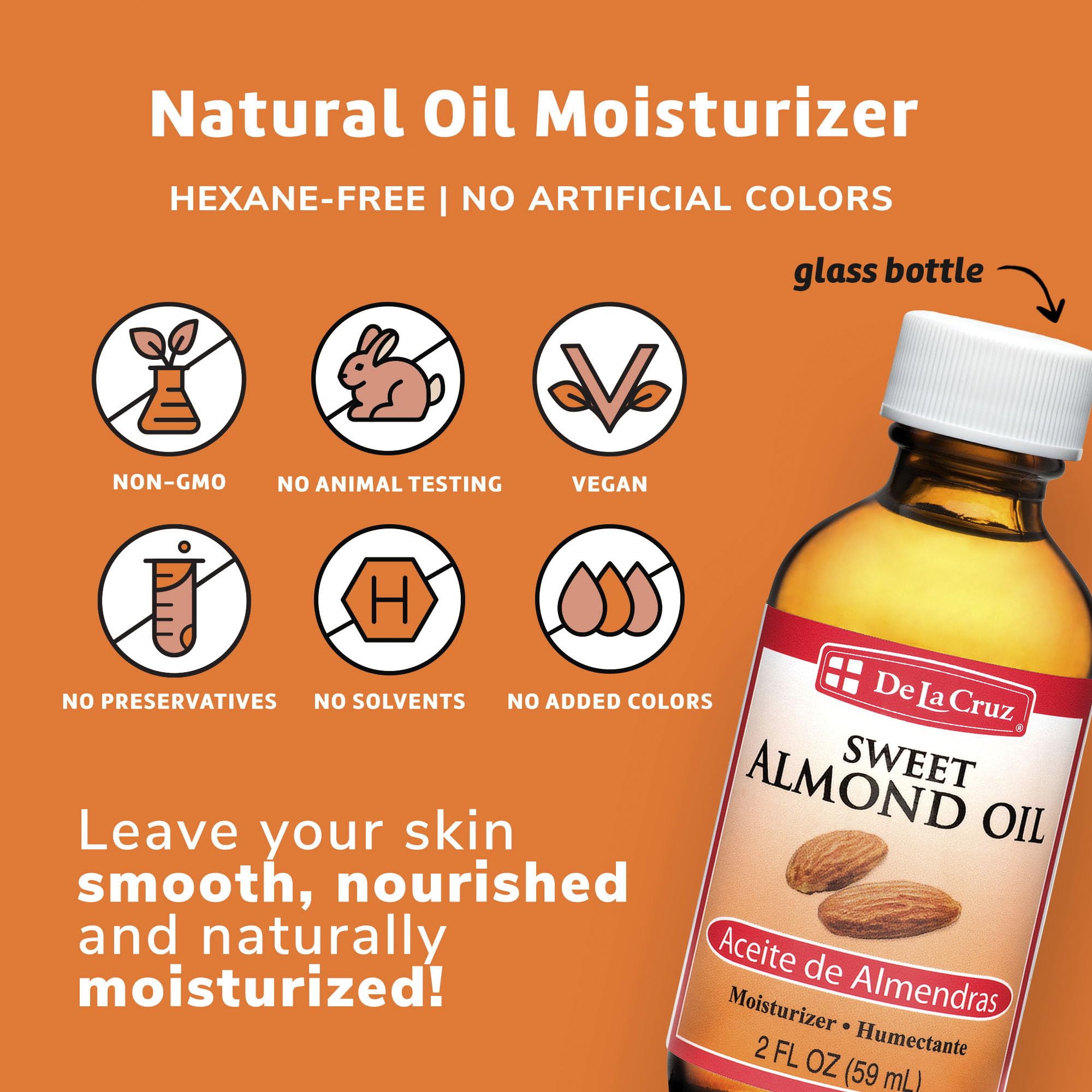 De la Cruz Sweet Almond Oil Expeller Pressed Almond Oil for Skin and Hair 2 Fl.