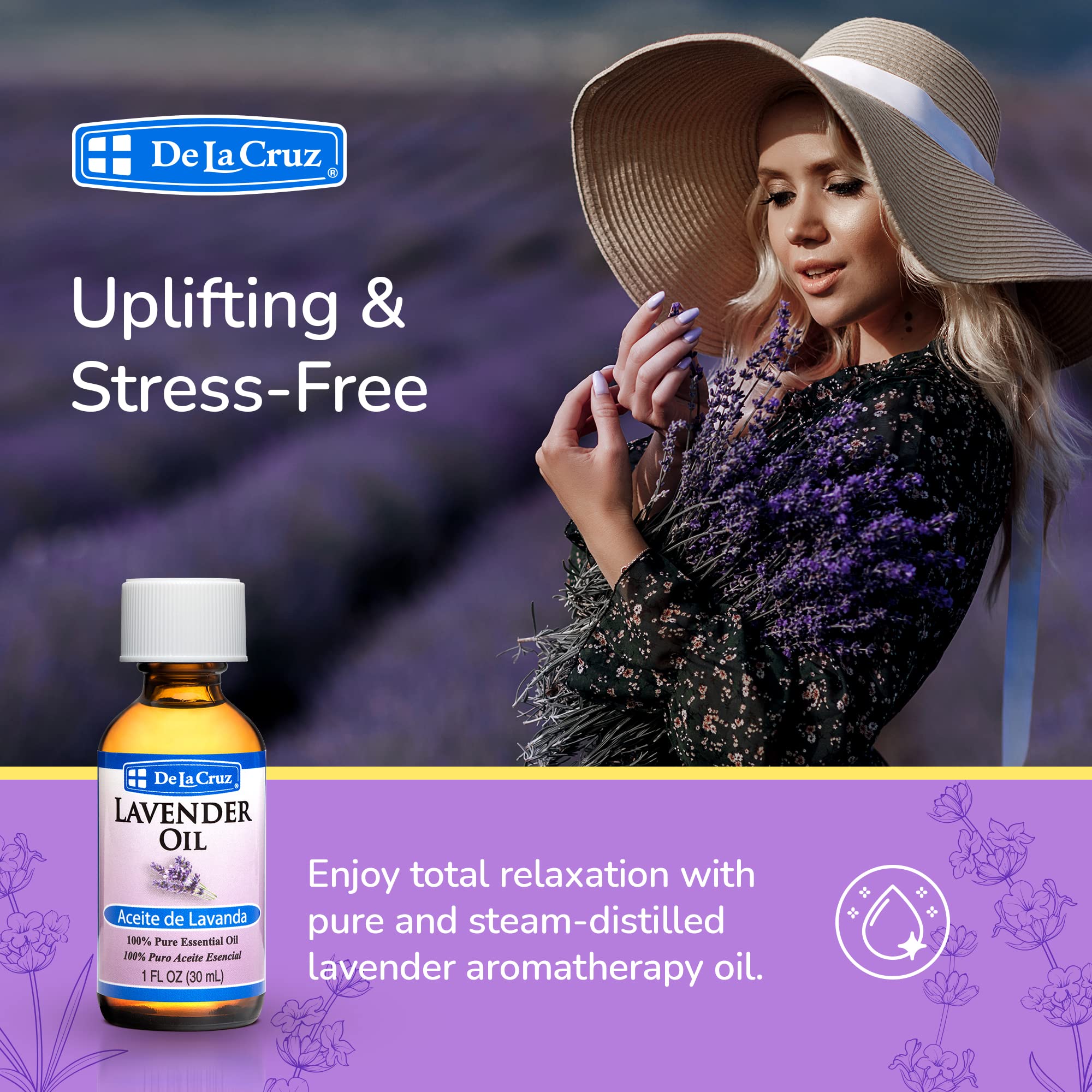 De la Cruz Lavender Essential Oil Steam Distilled 100% Pure Lavender Oil for - Thumbnail 2