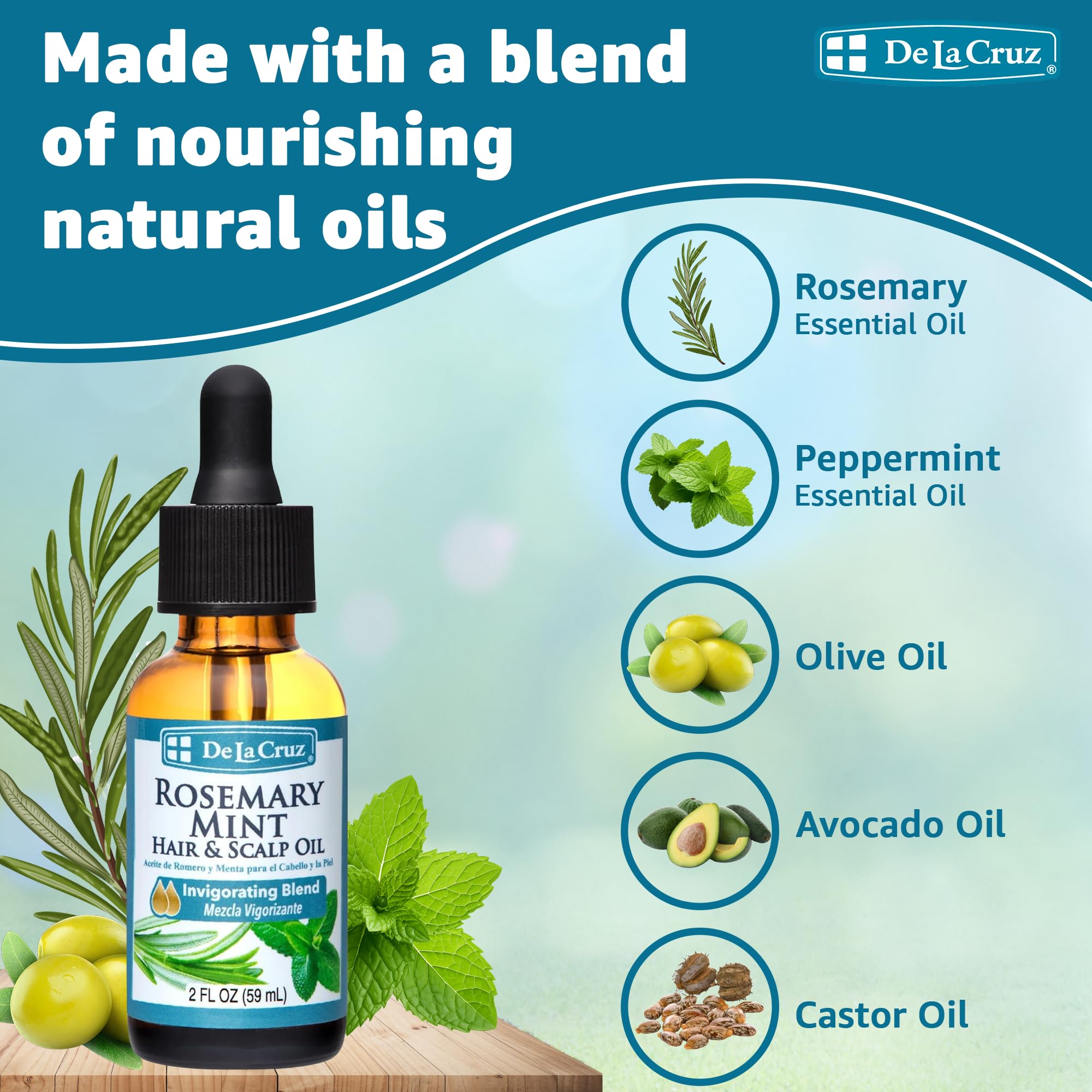 De la Cruz Rosemary Mint Oil Blend for Hair Scalp Revitalizing Blend With - Thumbnail 3