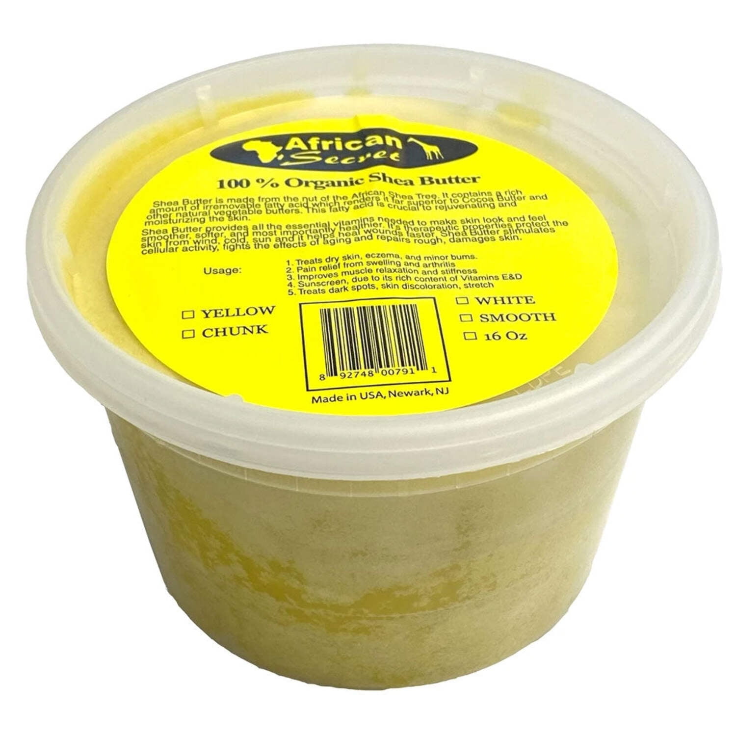 African Secret 100% Organic Shea Body Butter Smooth Yellow 16 oz