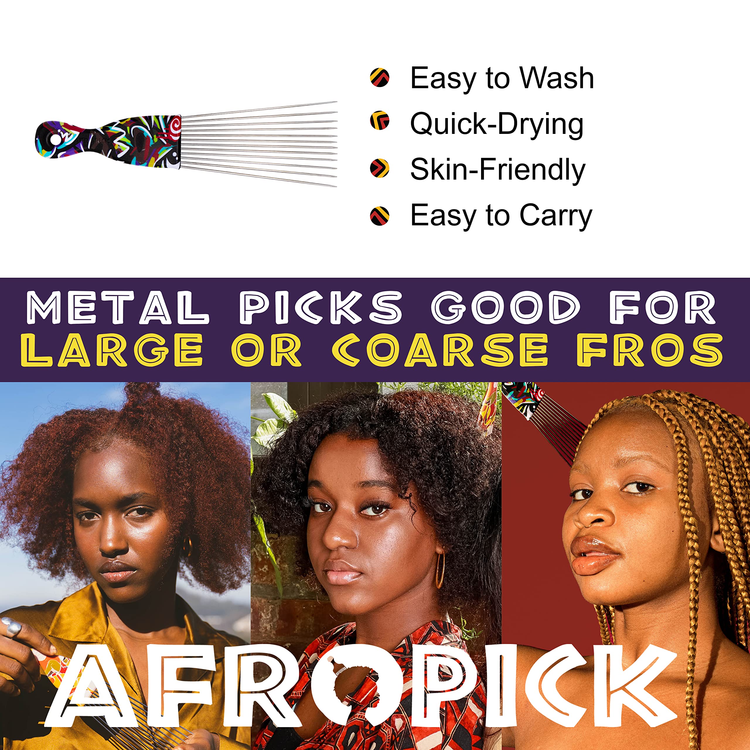 Afropick Metal Black Hair Pick for Natural Curly Long Thick Hair Afro Pick Comb - Thumbnail 3
