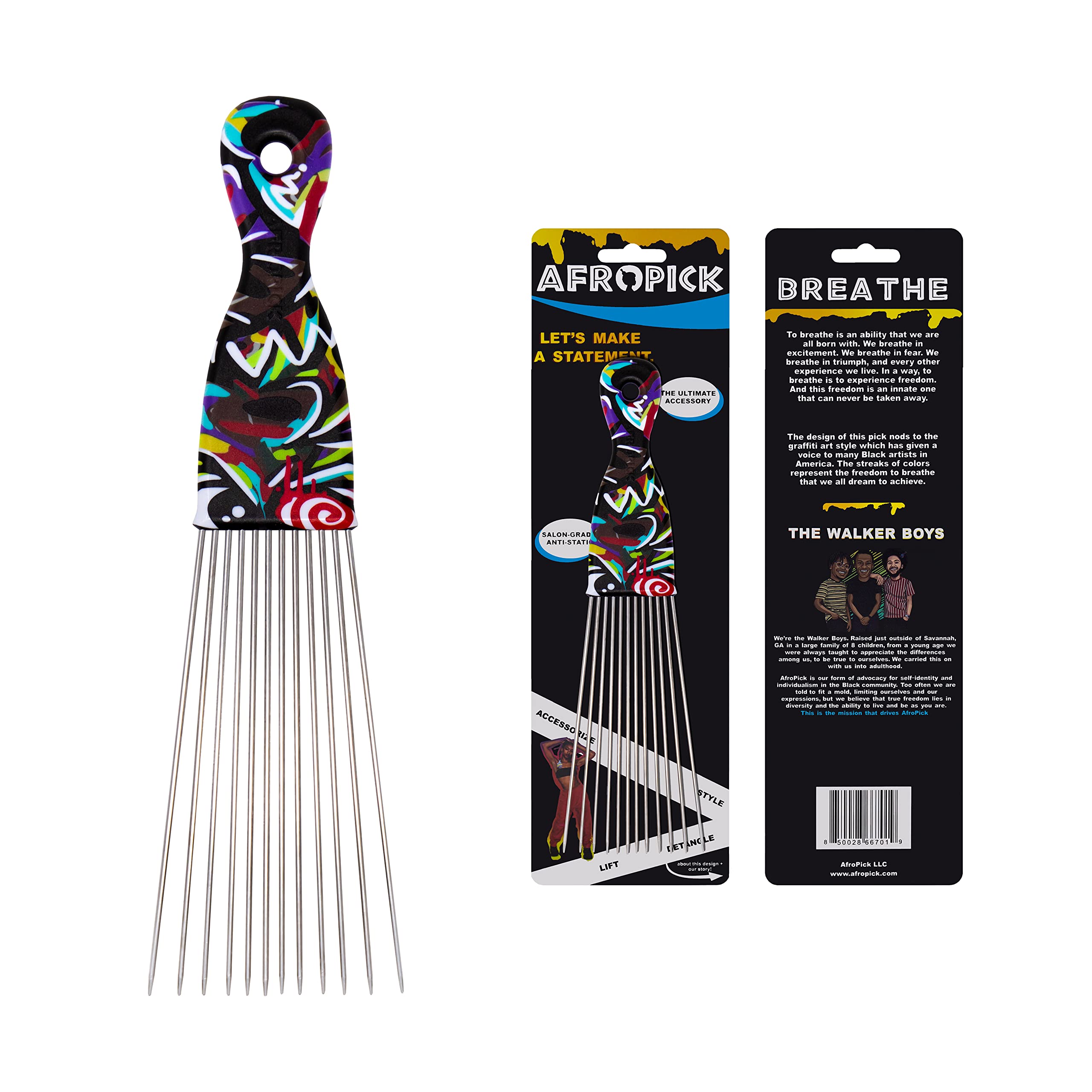 Afropick Metal Black Hair Pick for Natural Curly Long Thick Hair Afro Pick Comb