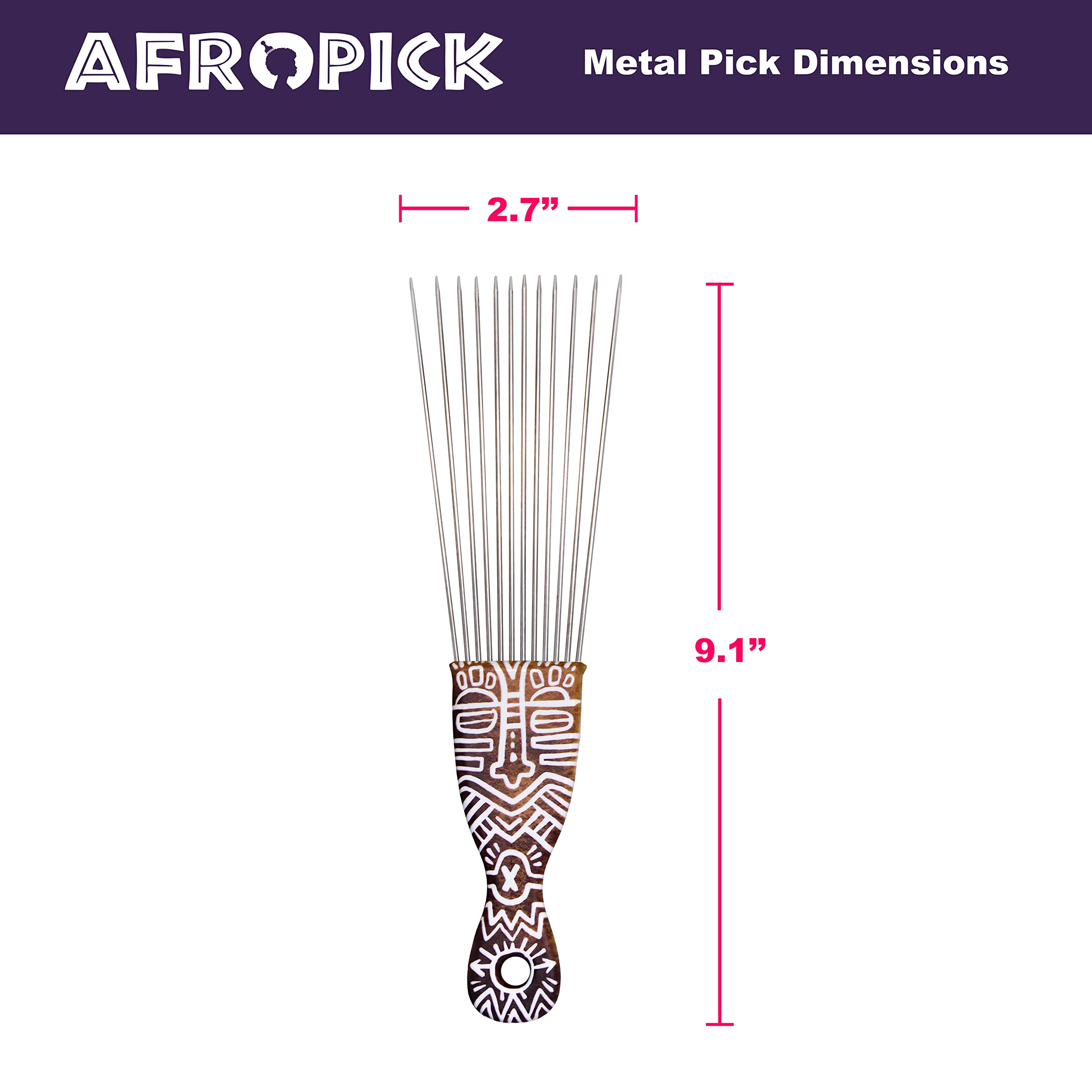 Afropick Metal Black Hair Pick for Natural Curly Long Thick Hair Afro Pick Comb - Thumbnail 2