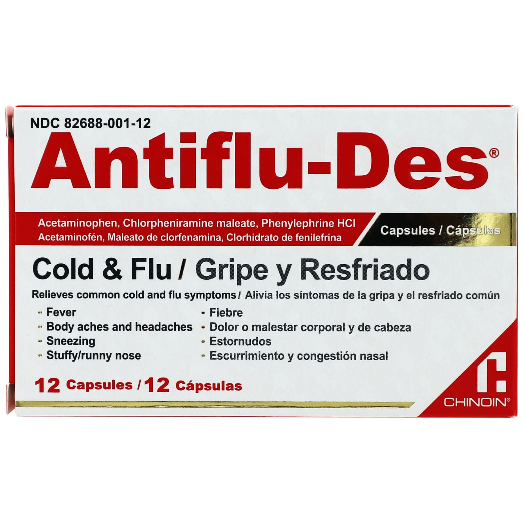 Antiflu Des Cold and Flu Symptoms Relief Fever Reducer 12 Caps Box