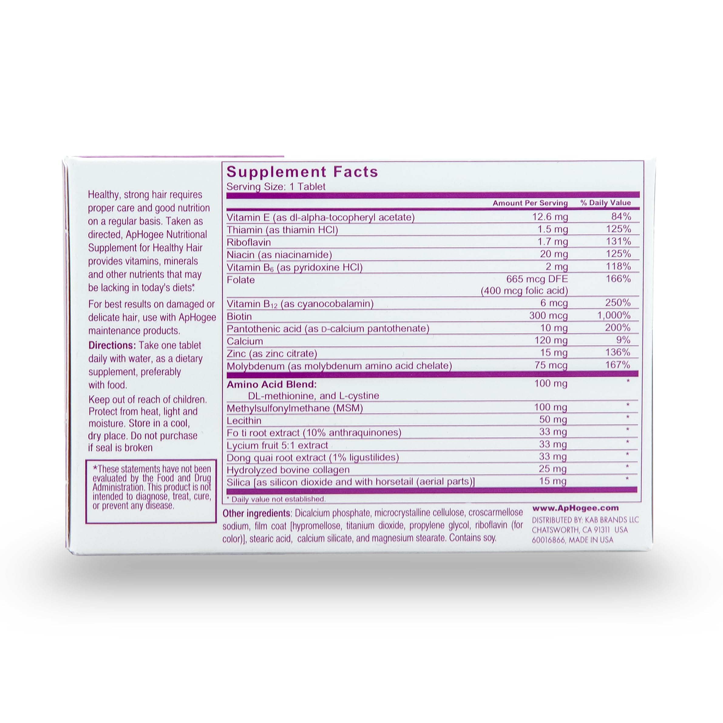 Aphogee Nutritional Supplement for Healthy Hair Biotin Vitamins Minerals With