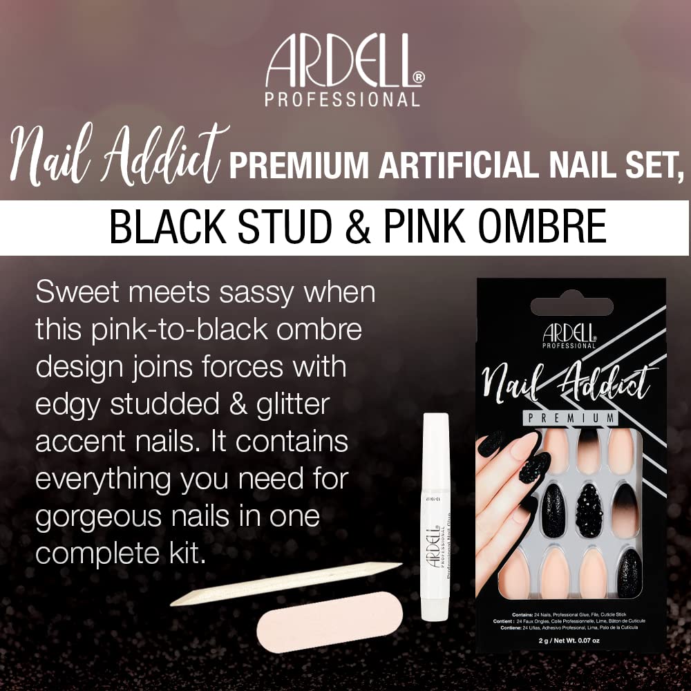 Ardell Nail Addict Press On Nails 24 False Nails Black Stud Pink Ombre Jeweled - Thumbnail 2