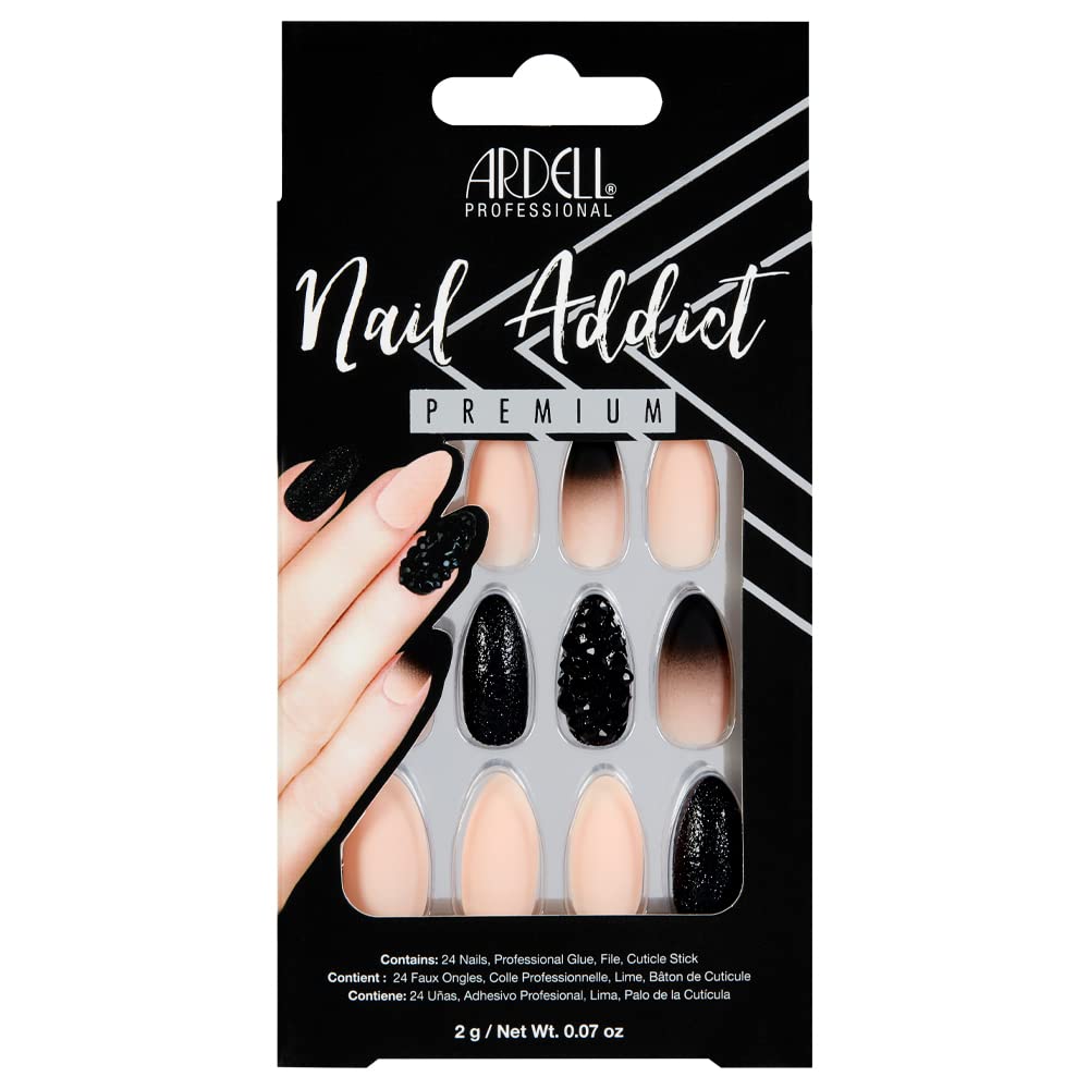 Ardell Nail Addict Press On Nails 24 False Nails Black Stud Pink Ombre Jeweled