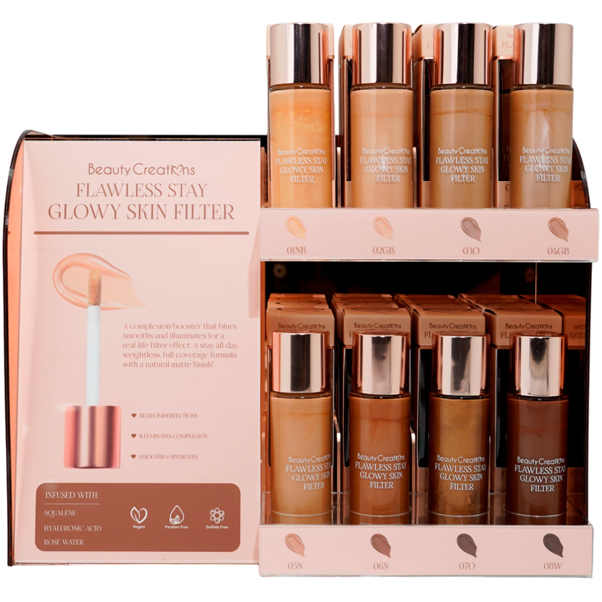 (16-pack) Beauty Creations Flawless Stay Glowy Skin Filter + 8 Tester
