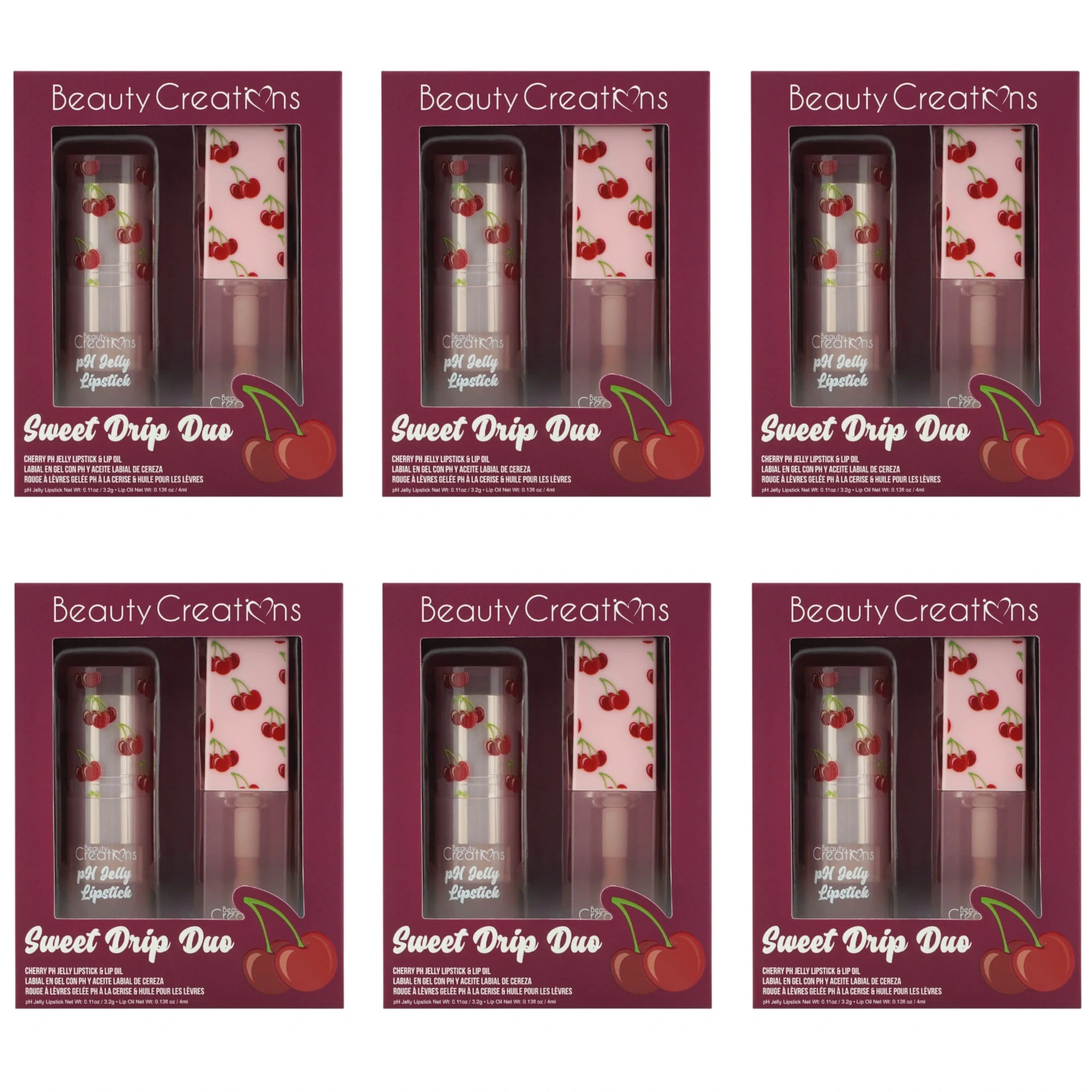 (6-pack) Beauty Creations Sweet Drip Duo Cherry Ph Jelly Lipstick & Lip Oil