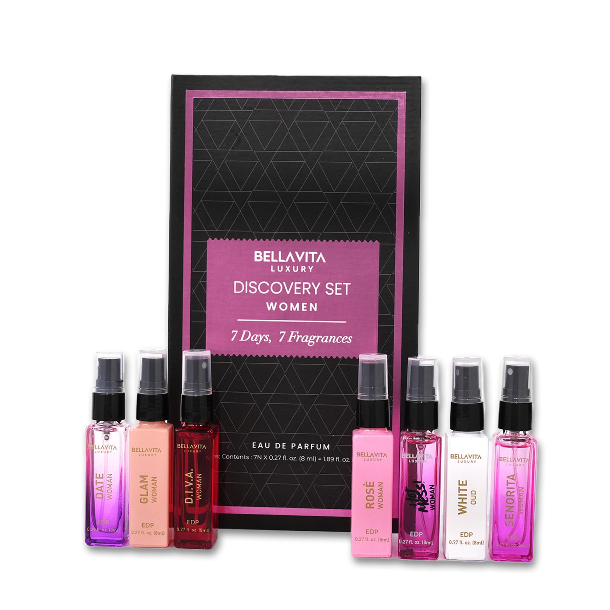 BELLAVITA LUXURY(W)7PC MINI SET(7x8ml edp)(HOT MESS,D.I.V.A,SENORITA,GLAM,DATE,ROSE,WHITE OUD)