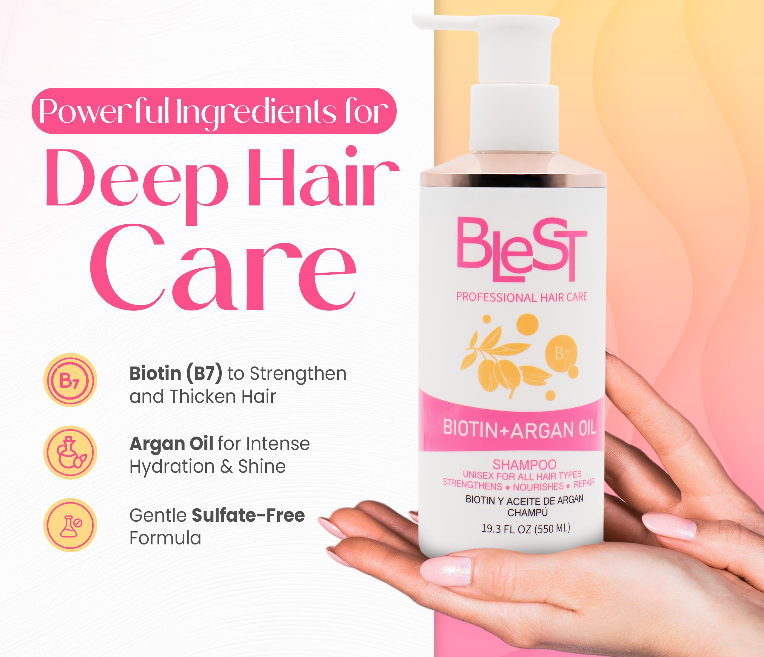 (5-pack) BLEST PROFESSIONAL HAIR CARE Biotin + Argan Oil Shampoo 550ml – Sulfate-Free for Dry Damaged Hair – Hair Growth Shampoo for Color-Treated Hair - Thumbnail 3