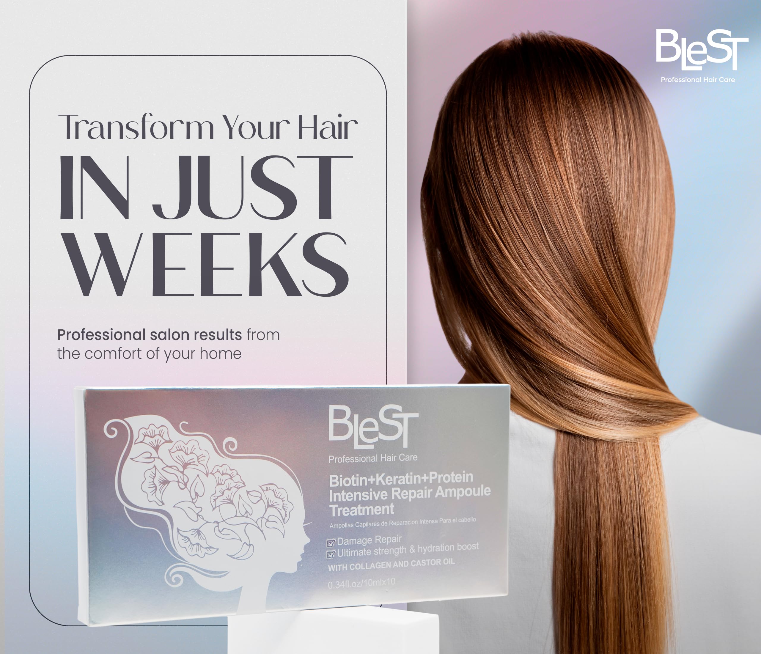 (5-pack) BLEST PROFESSIONAL HAIR CARE Intensive Repair Ampoules for Hair with Biotin Keratin Proteins Collagen and Castor Oil – Deep Hydration and Strengthening Treatment Loss and Frizz Control – 10x10ml - Thumbnail 2