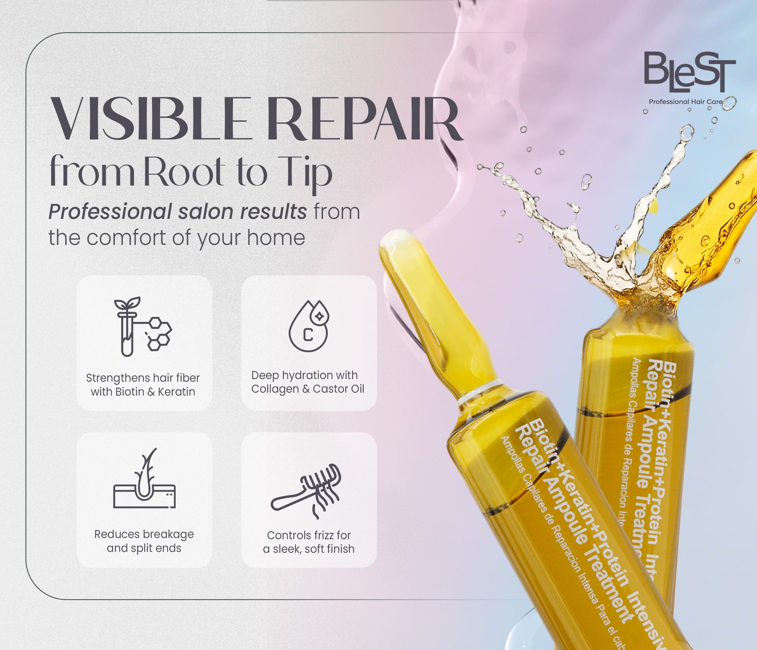 (5-pack) BLEST PROFESSIONAL HAIR CARE Intensive Repair Ampoules for Hair with Biotin Keratin Proteins Collagen and Castor Oil – Deep Hydration and Strengthening Treatment Loss and Frizz Control – 10x10ml - Thumbnail 3