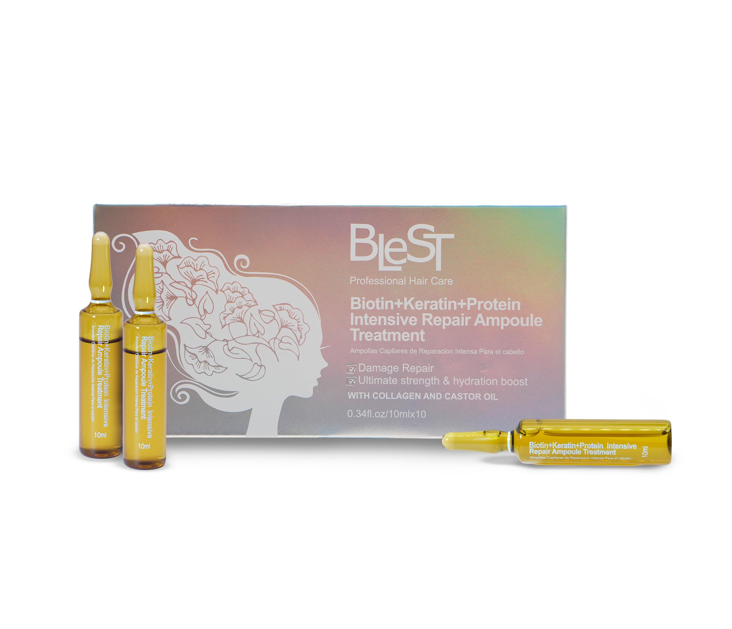 (5-pack) BLEST PROFESSIONAL HAIR CARE Intensive Repair Ampoules for Hair with Biotin Keratin Proteins Collagen and Castor Oil – Deep Hydration and Strengthening Treatment Loss and Frizz Control – 10x10ml