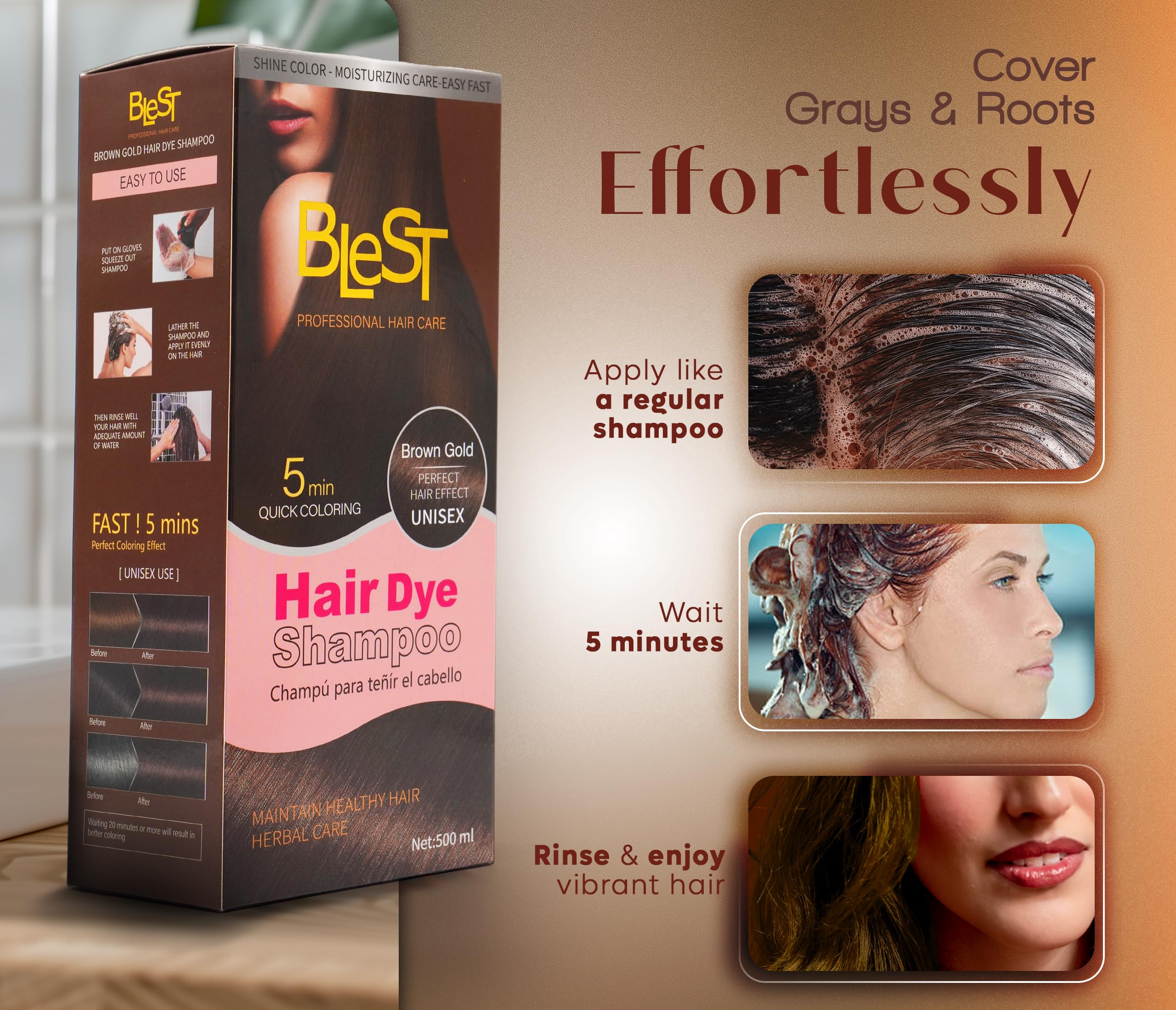 (6-pack) Blest Hair Dye Shampoo Brown Gold - Thumbnail 3