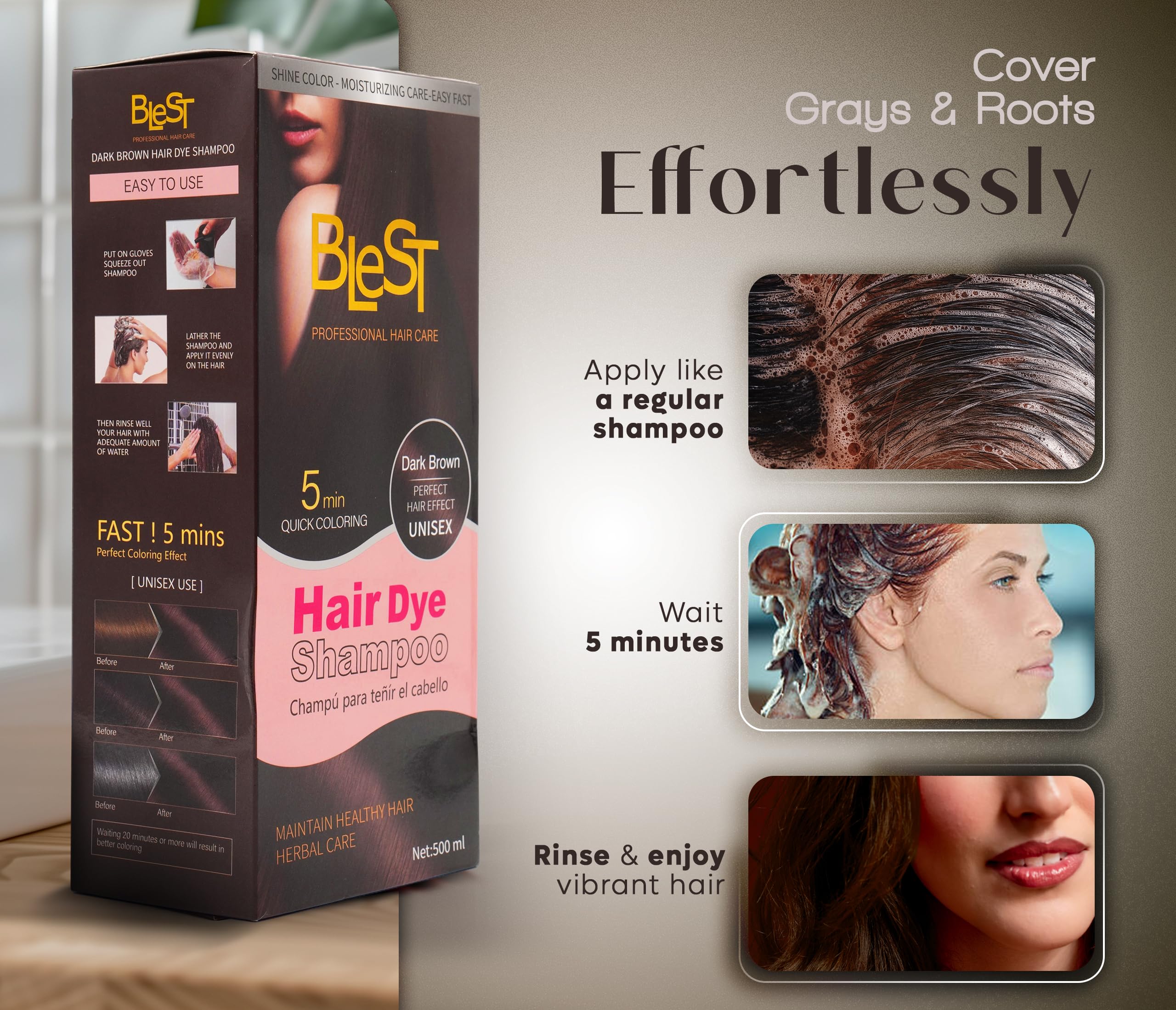 (6-pack) Blest Hair Dye Shampoo Dark Brown - Thumbnail 3