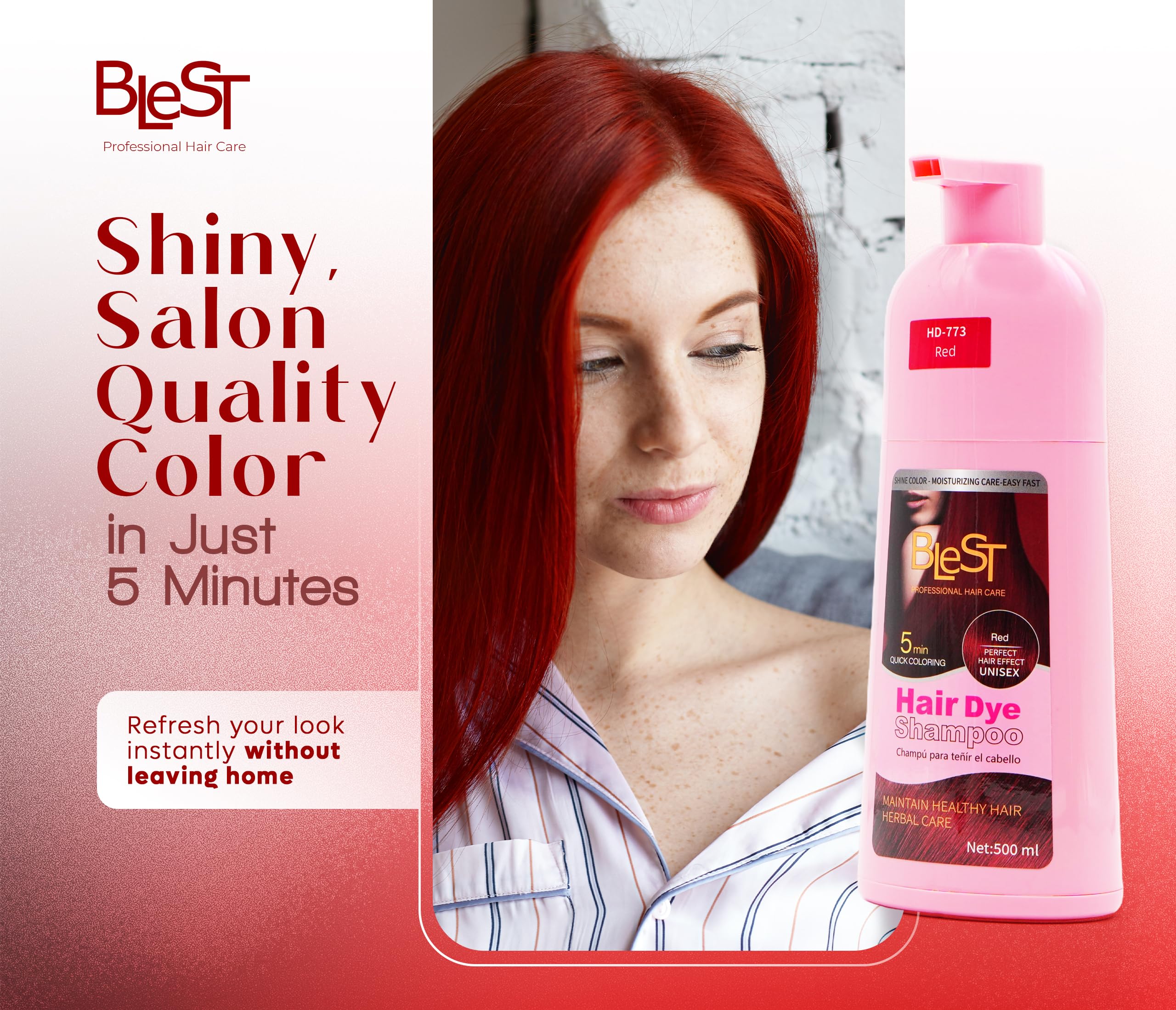 (6-pack) BLEST PROFESSIONAL HAIR CARE Hair Dye 2-in-1 Shampoo Color for Quick Gray Coverage – Semi Permanent Hair Color for Men and Women – 500ml (Red) - Thumbnail 2