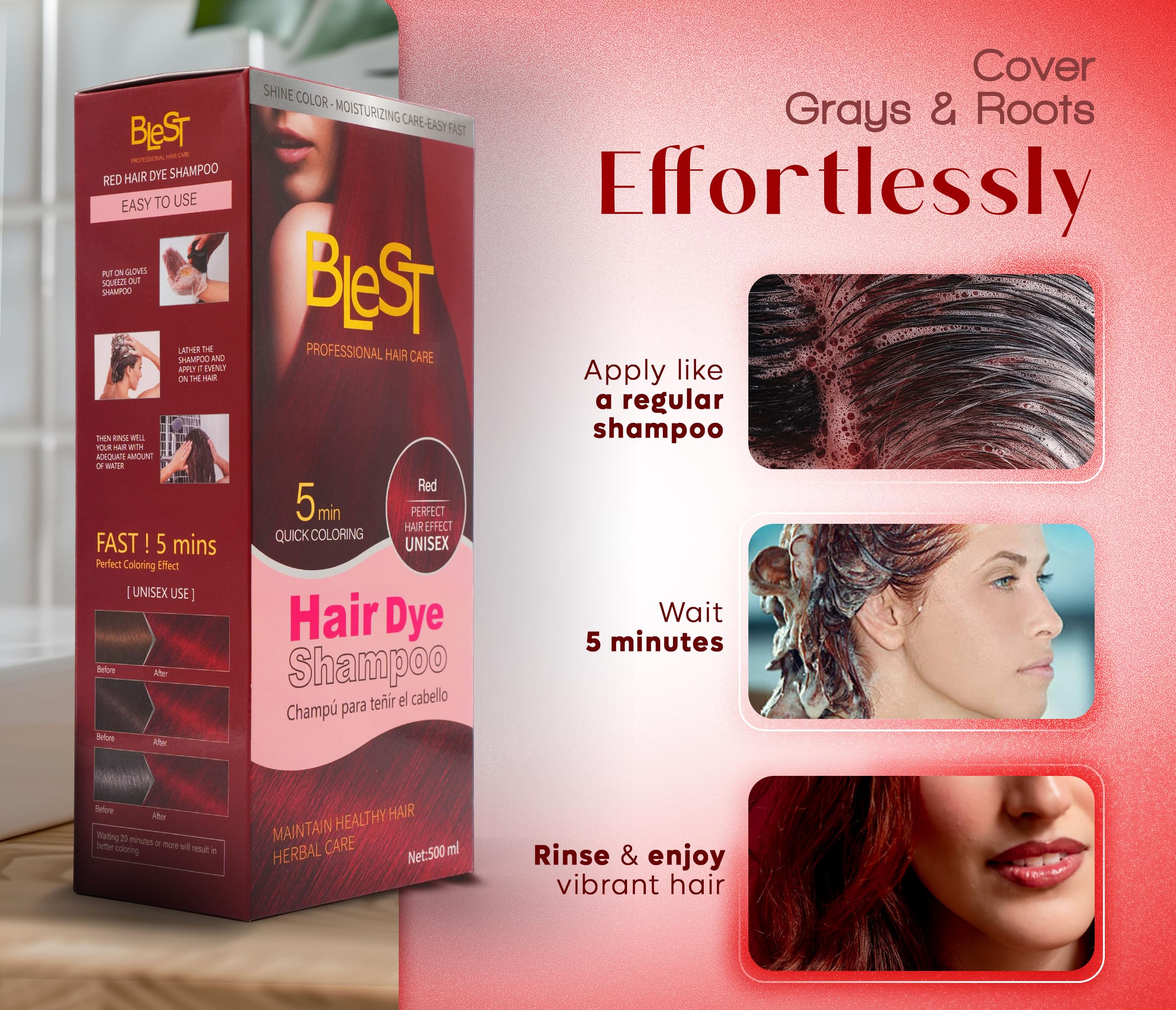 (6-pack) BLEST PROFESSIONAL HAIR CARE Hair Dye 2-in-1 Shampoo Color for Quick Gray Coverage – Semi Permanent Hair Color for Men and Women – 500ml (Red) - Thumbnail 3