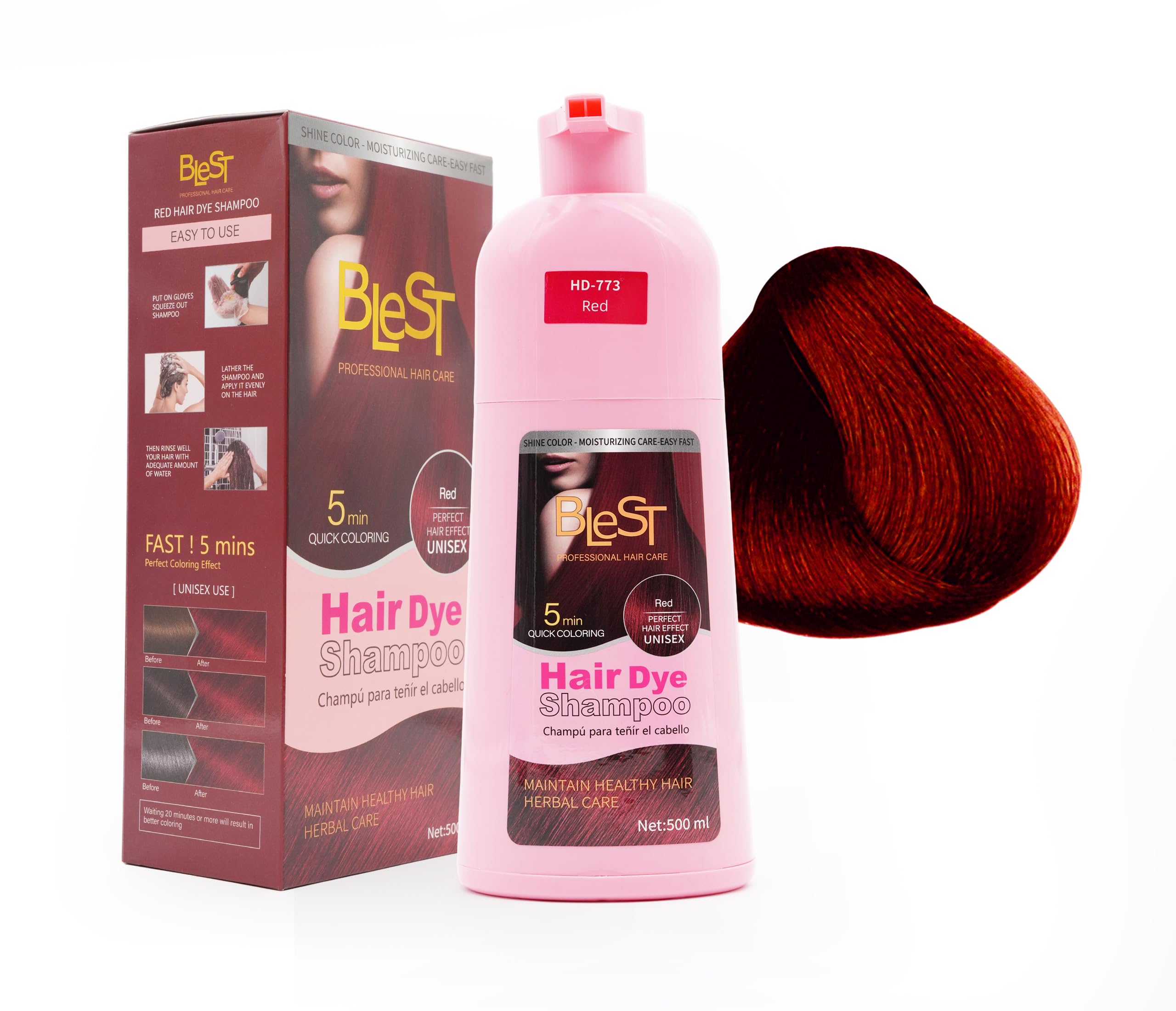 (6-pack) BLEST PROFESSIONAL HAIR CARE Hair Dye 2-in-1 Shampoo Color for Quick Gray Coverage – Semi Permanent Hair Color for Men and Women – 500ml (Red)