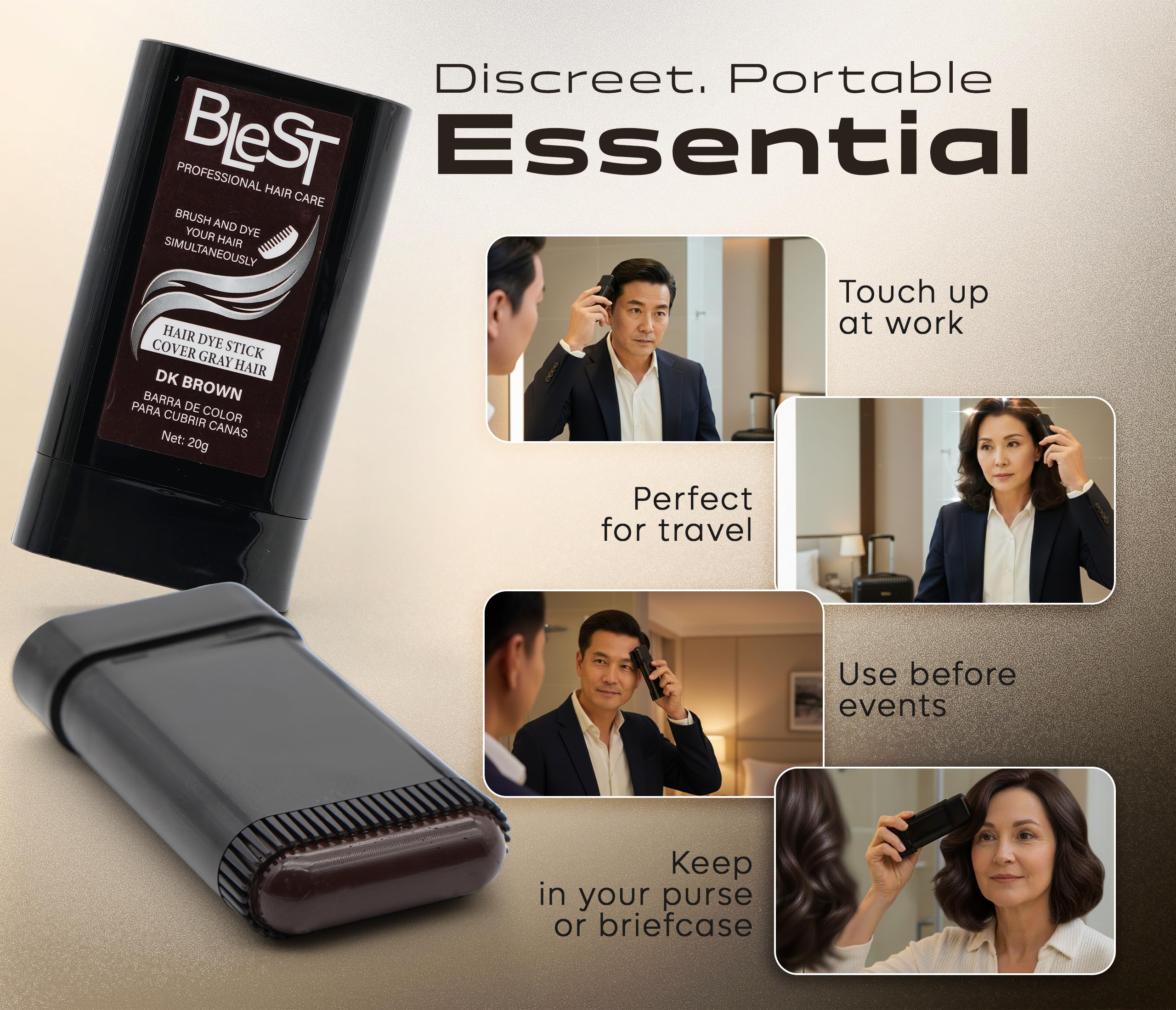 (12-pack) BLEST PROFESSIONAL Root Touch Up for Gray Coverage – Dark Brown Temporary Color – Easy Concealer for Regrowth and Roots – 20g Quick Application - Thumbnail 3