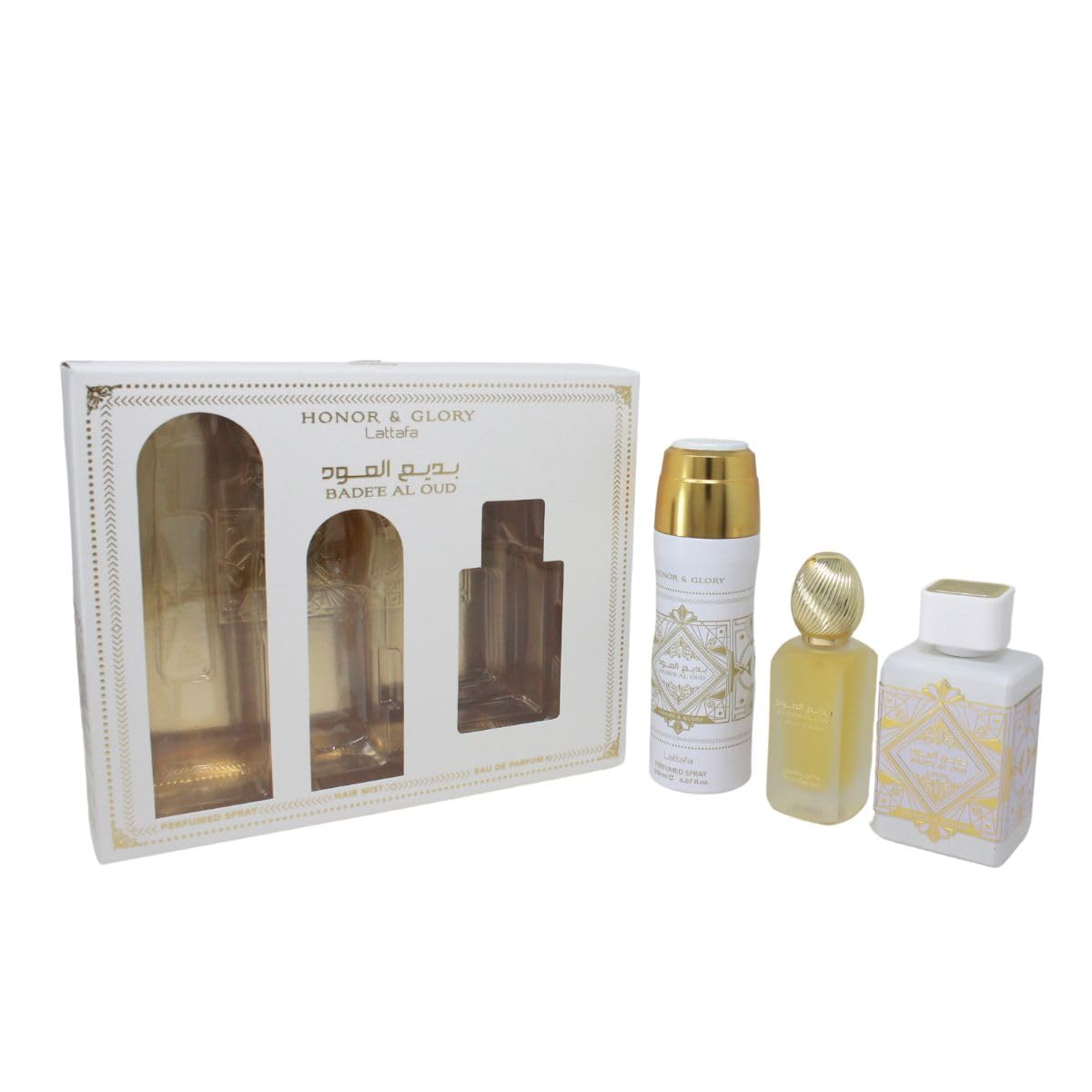 Lattafa Badee Al Oud Honor Glory 3.4 M+1.7 Hair Mist+6.7 Body/ United Arab