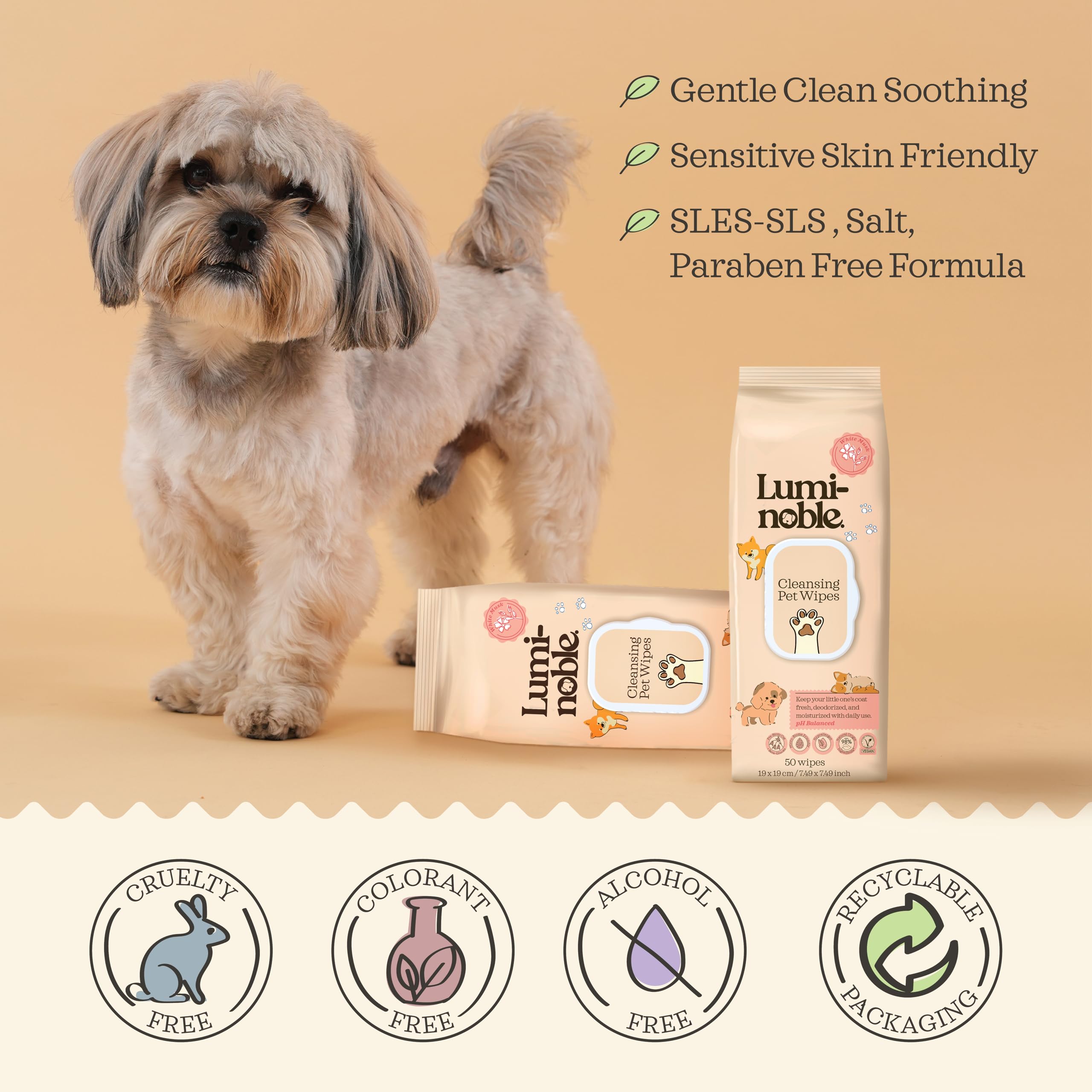 (3-pack) LUMI-NOBLE. Puppy Wipes for Dogs & Cats - 200 Ct (4x50) Hypoallergenic Grooming Wipe, White Musk Scent, Dog Wipes Cleaning deodorizing for Paws, Ears, Butt & Body, Vegan, Sensitive Skin Safe