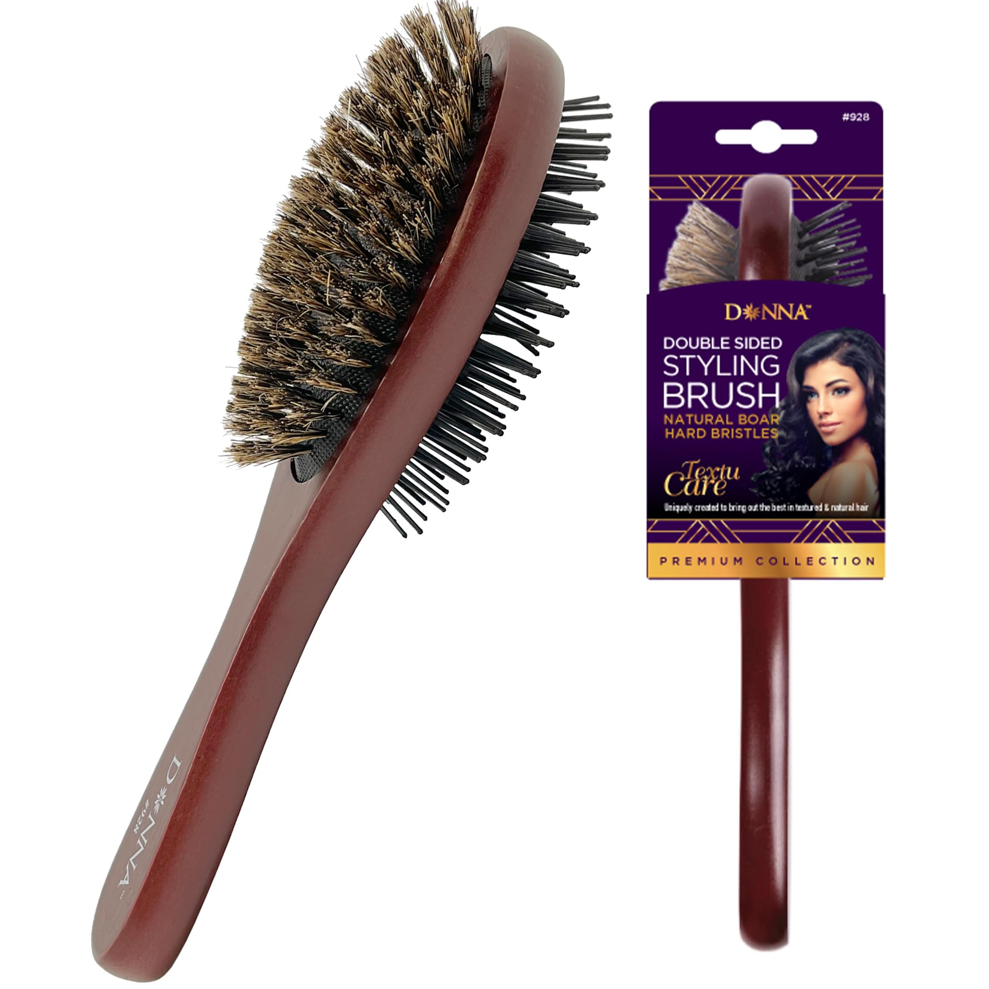 Donna Double Sided Styling Brush 100% Boar Bristles Cushioned Wooden Detangling