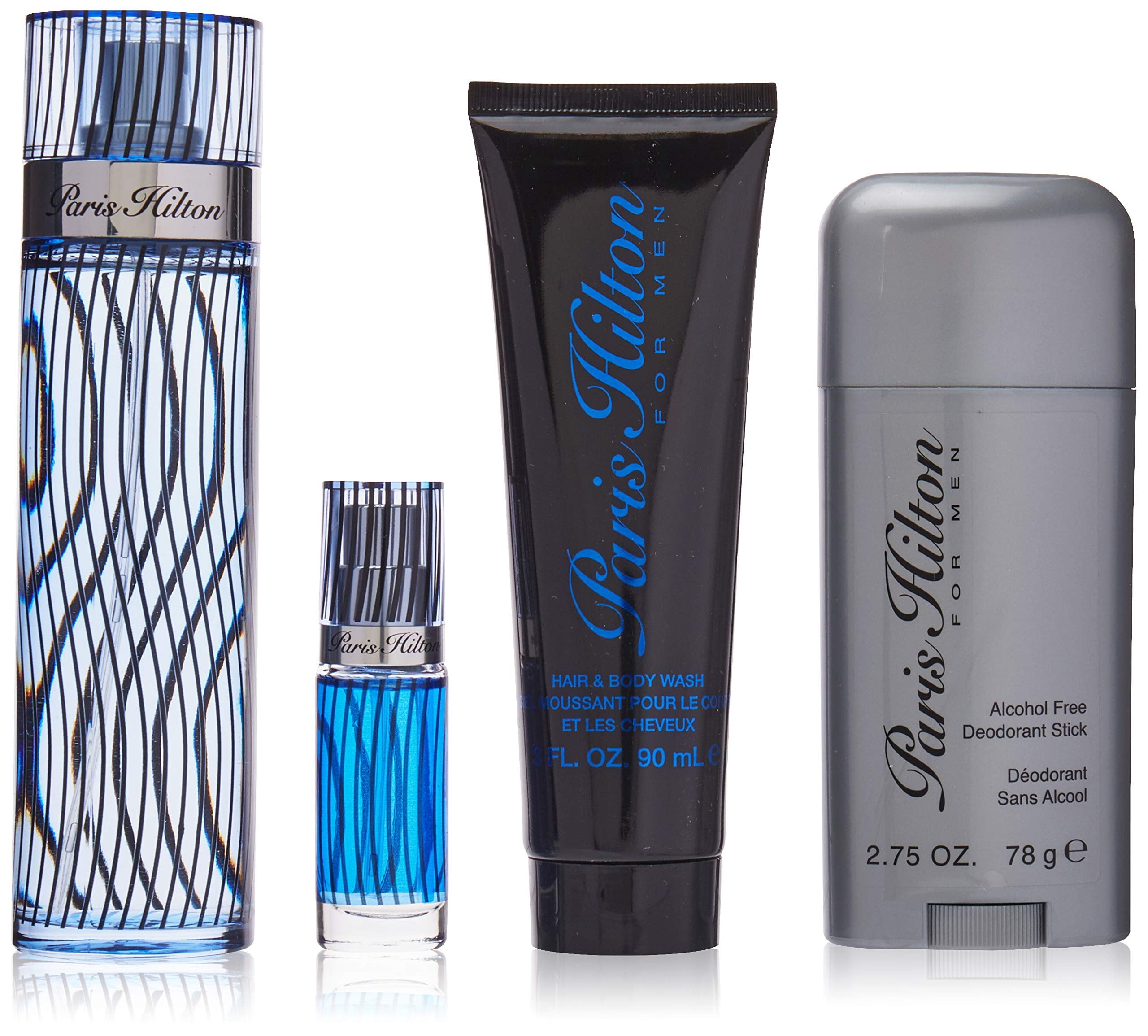 PARIS HILTON(M)(H/B)4PC SET(3.4oz edt sp,3.0oz H/B/Wash,2.75oz Alcohol Free Deo Stick,7.4ml edt sp)