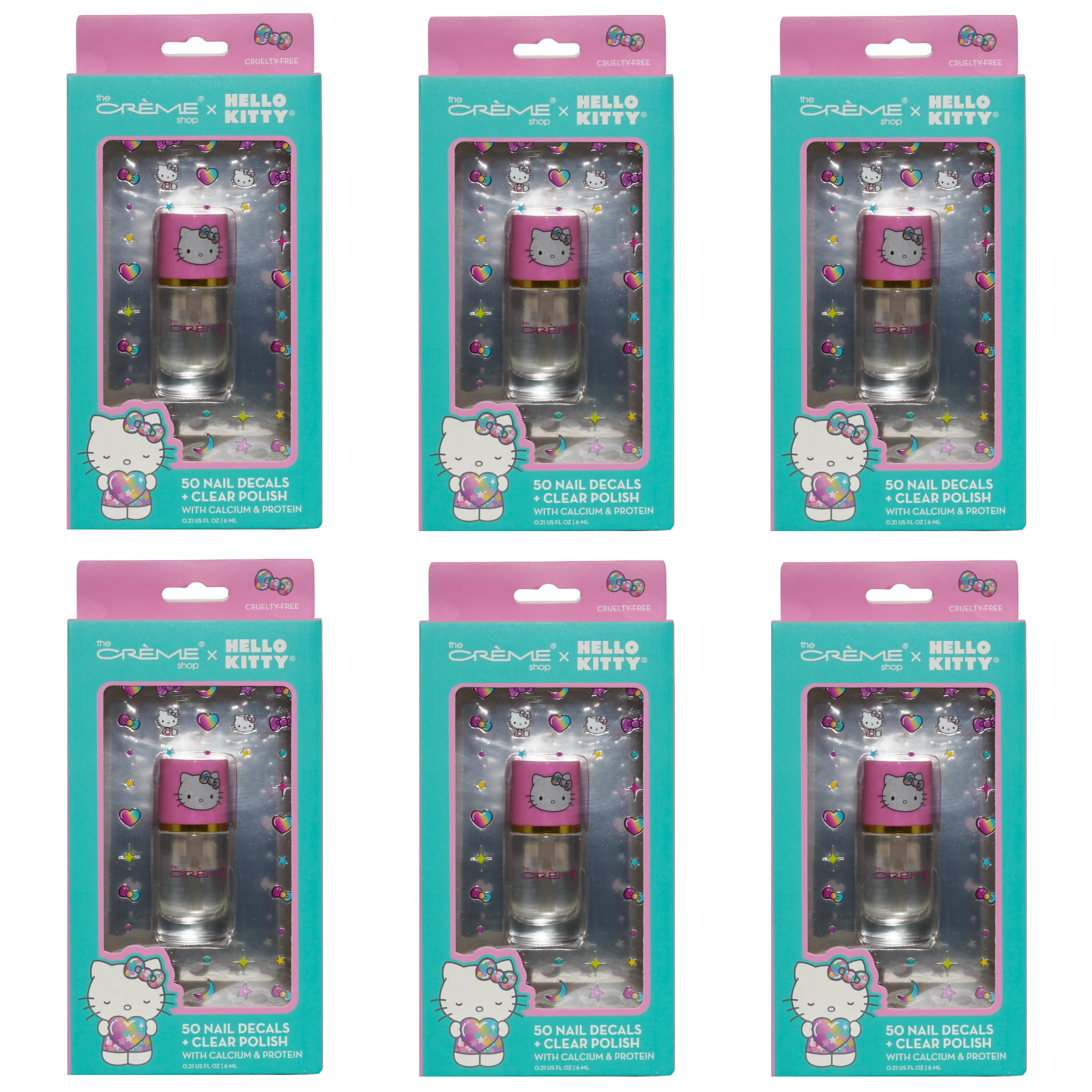 (6-pack) The Creme Shop X Hello Kitty Clear Nail Polish W/50 Nail Decals Set Turquoise & Pink