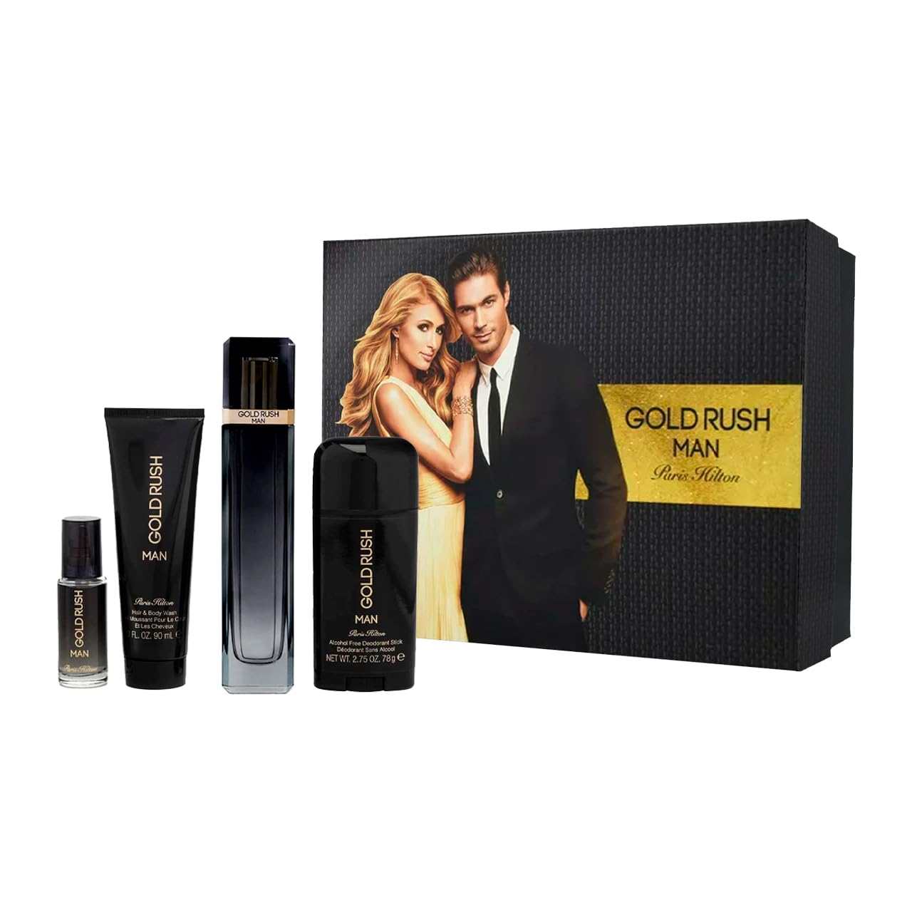 [Set] Gold Paris Hilton Gold Rush Man Men Hair Body Wash Alcohol Free Deodorant Stick