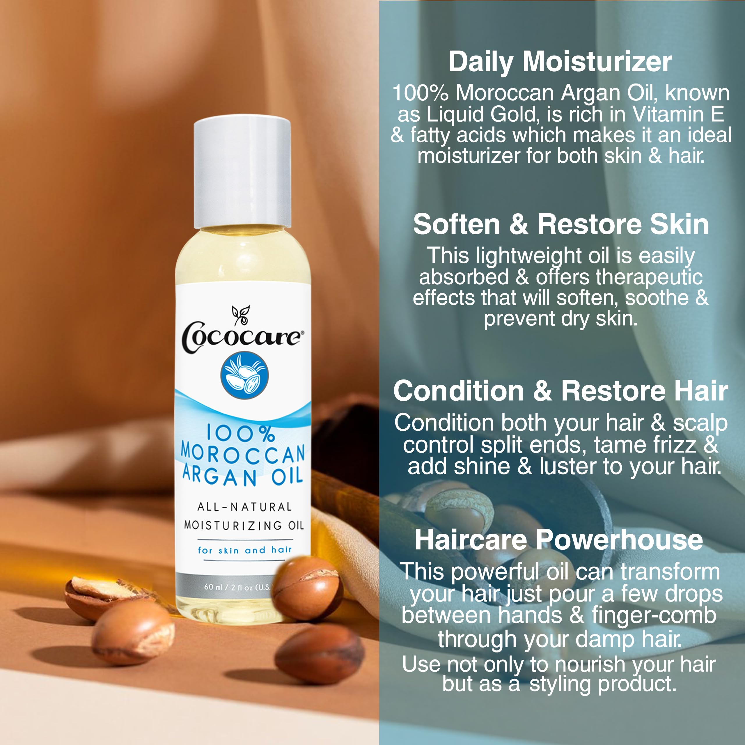Cococare 100% Natural Moroccan Argan Oil Complete Skin Moisturizer 2 oz