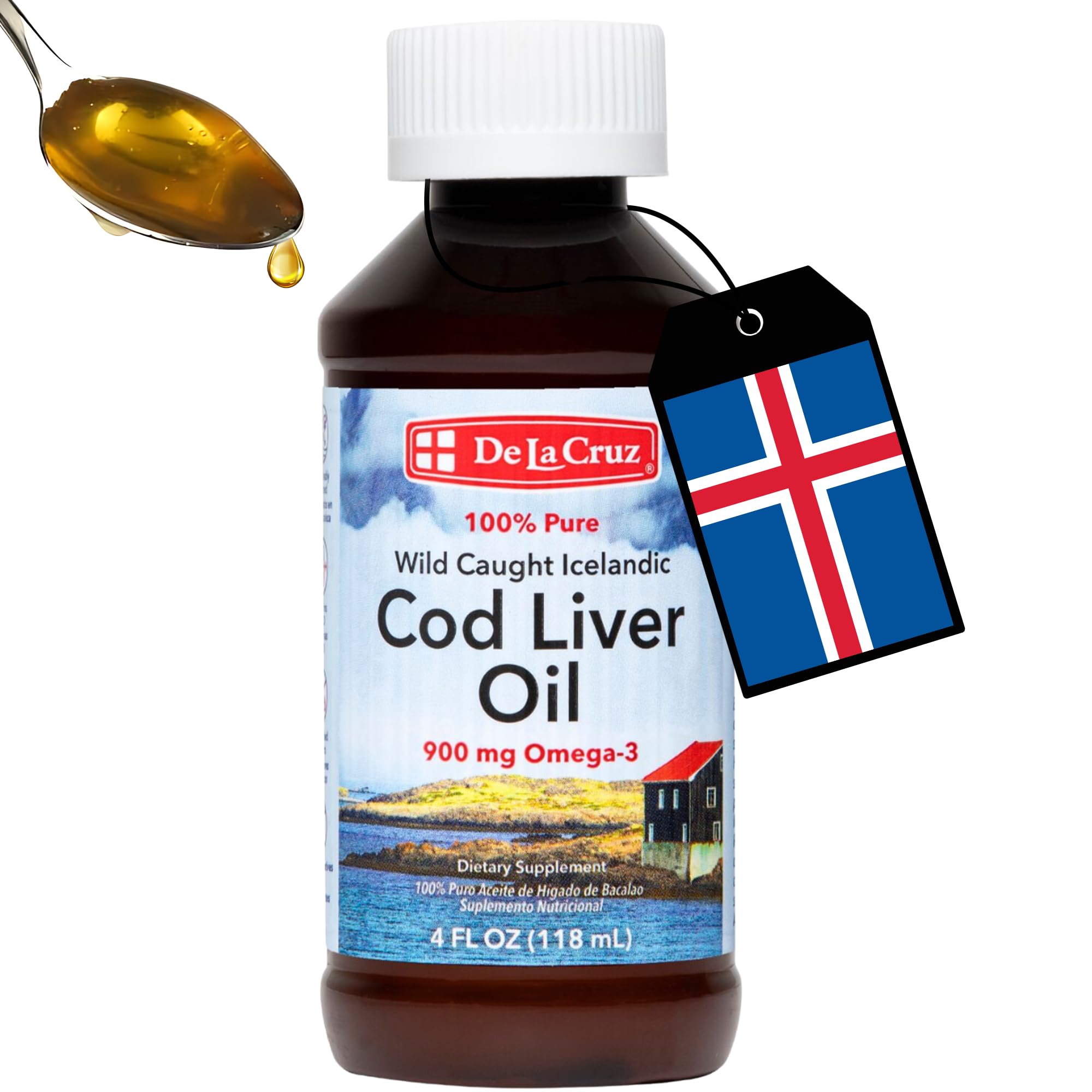 De la Cruz Cod Liver Oil Liquid Pure Wild Caught Icelandic Fish Oil 4 Fl Oz 118