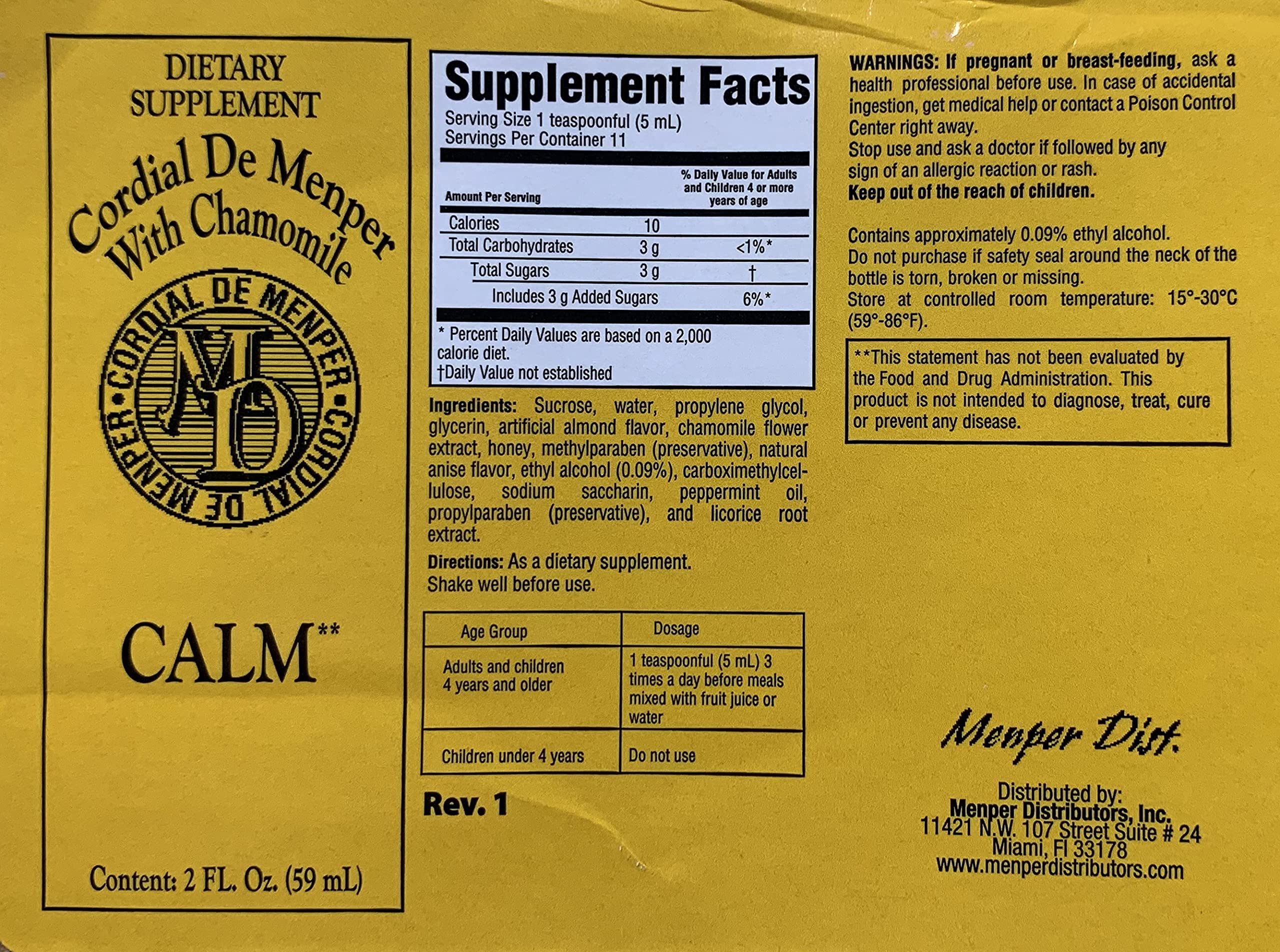 Cordial de Menper With Chamomile Dietary Supplement 2 oz