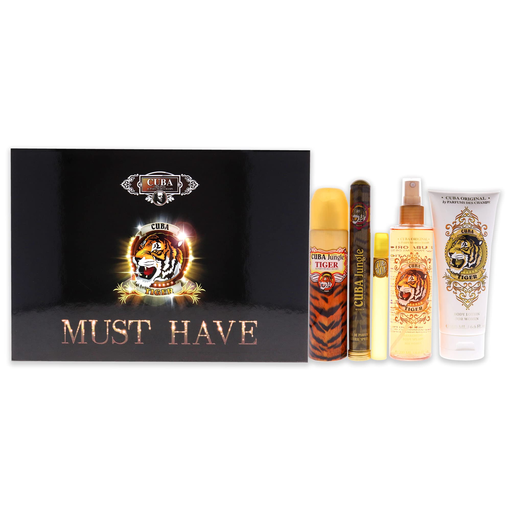 CUBA MUST HAVE TIGER(W)(H/B)5PC SET(3.4,0.01,0.5oz edp 6.7oz body lotion,6.7oz body splash)