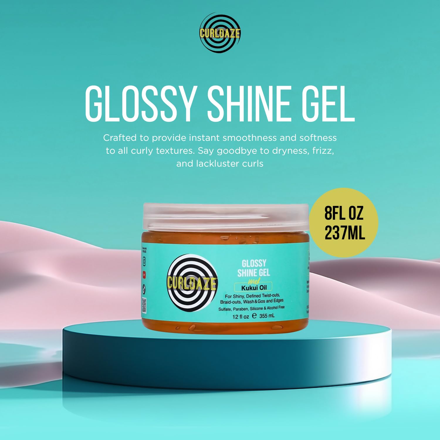 Curldaze Glossy Shine Gel With Kukui Oil Vitamins A C E Defines Curls In Twist - Thumbnail 2
