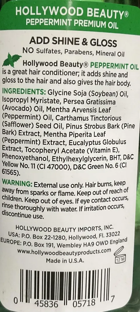 Hollywood Beauty Peppermint Hair Oil Bottle Conditions Both Hair and Skin
