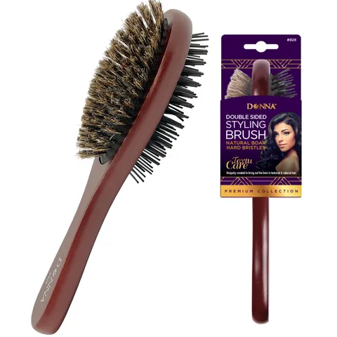 Donna Double Sided Styling Brush 100% Boar Bristles Cushioned Wooden Detangling