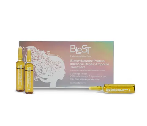 (5-pack) BLEST PROFESSIONAL HAIR CARE Intensive Repair Ampoules for Hair with Biotin Keratin Proteins Collagen and Castor Oil – Deep Hydration and Strengthening Treatment Loss and Frizz Control – 10x10ml