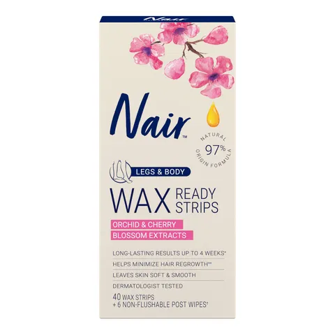 Nair Wax Ready Strips Hair Removal Wax Strips for Legs and Body 40 Count Plus 6