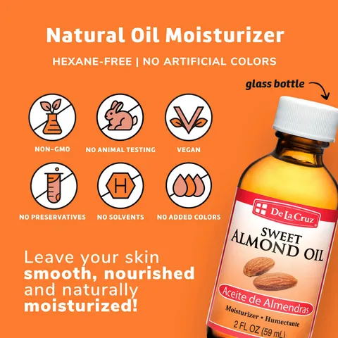 De la Cruz Sweet Almond Oil Expeller Pressed Almond Oil for Skin and Hair 2 Fl.