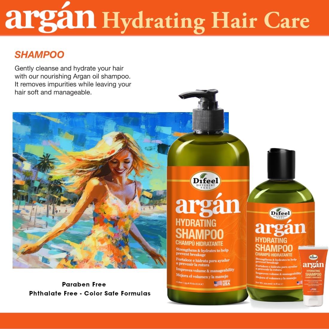 Difeel Argan Hydrating Shampoo . Argan Oil Shampoo Natural Paraben Free Shampoo - Thumbnail 3